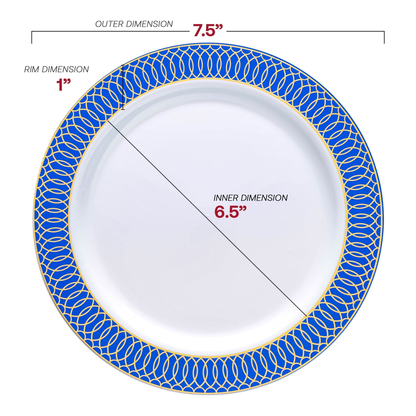 7.5-inch round disposable plastic salad plates in white with a blue rim and gold spiral detail
