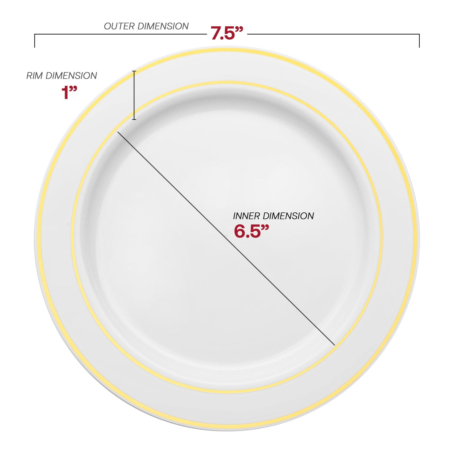 7.5-inch round white salad plates with elegant gold rim