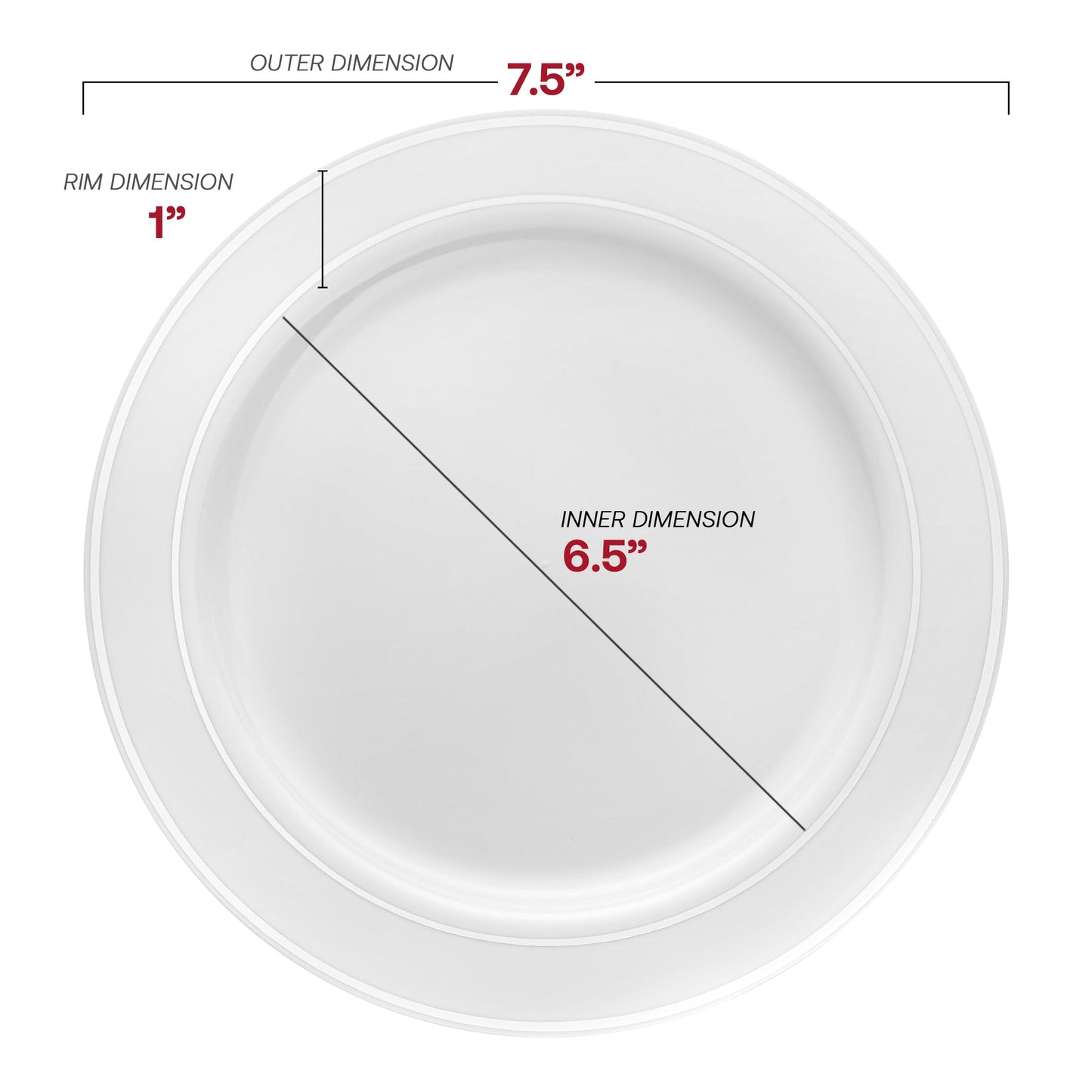 7.5-inch round white salad plates with elegant silver rim, durable plastic design