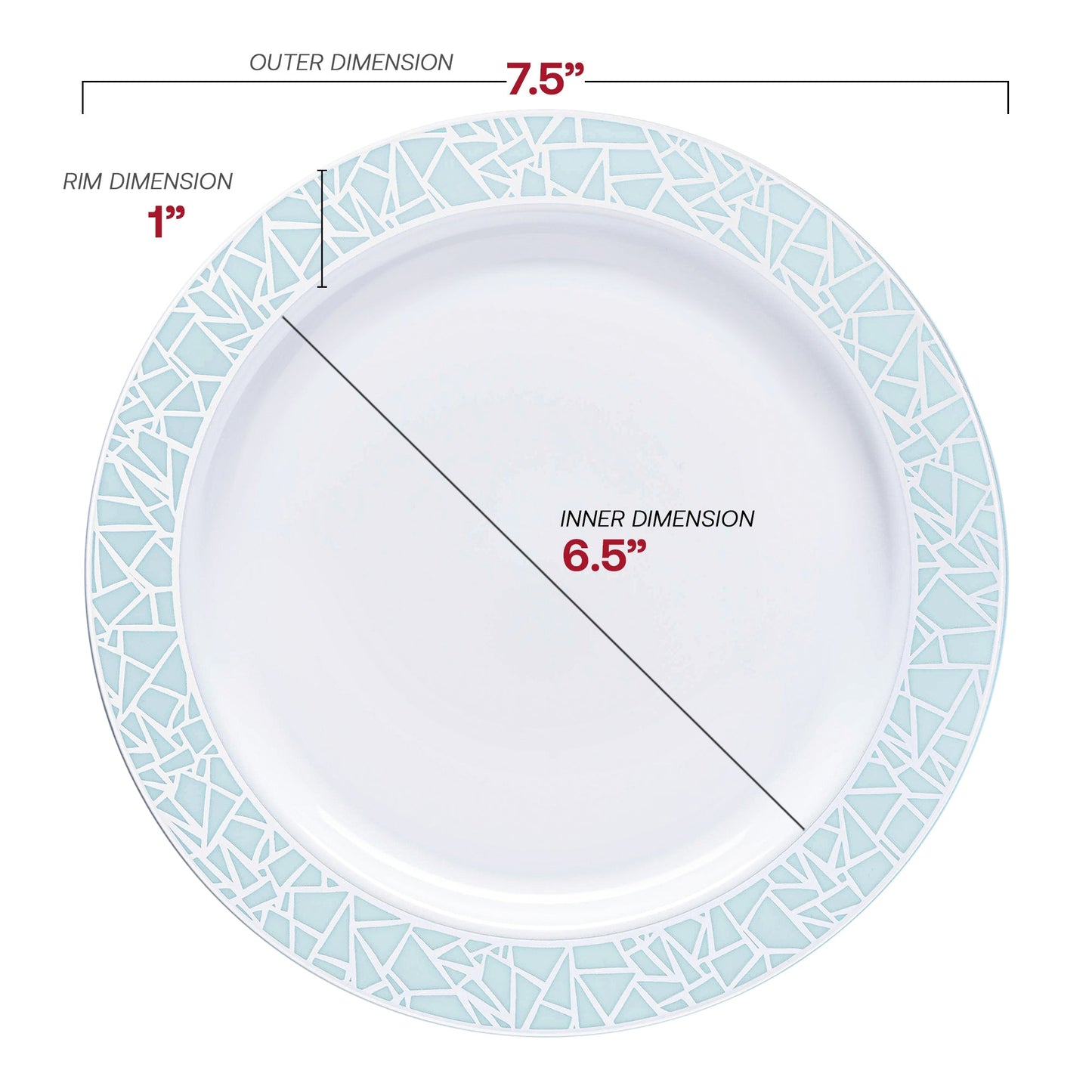 7.5-inch white round appetizer plates with a stylish turquoise blue and silver mosaic rim