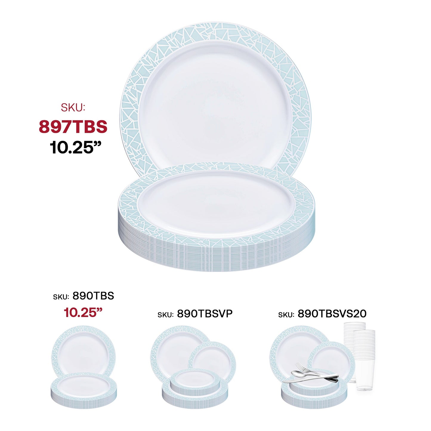 7.5-inch white round salad plates with an elegant turquoise blue and silver mosaic rim, made of durable plastic