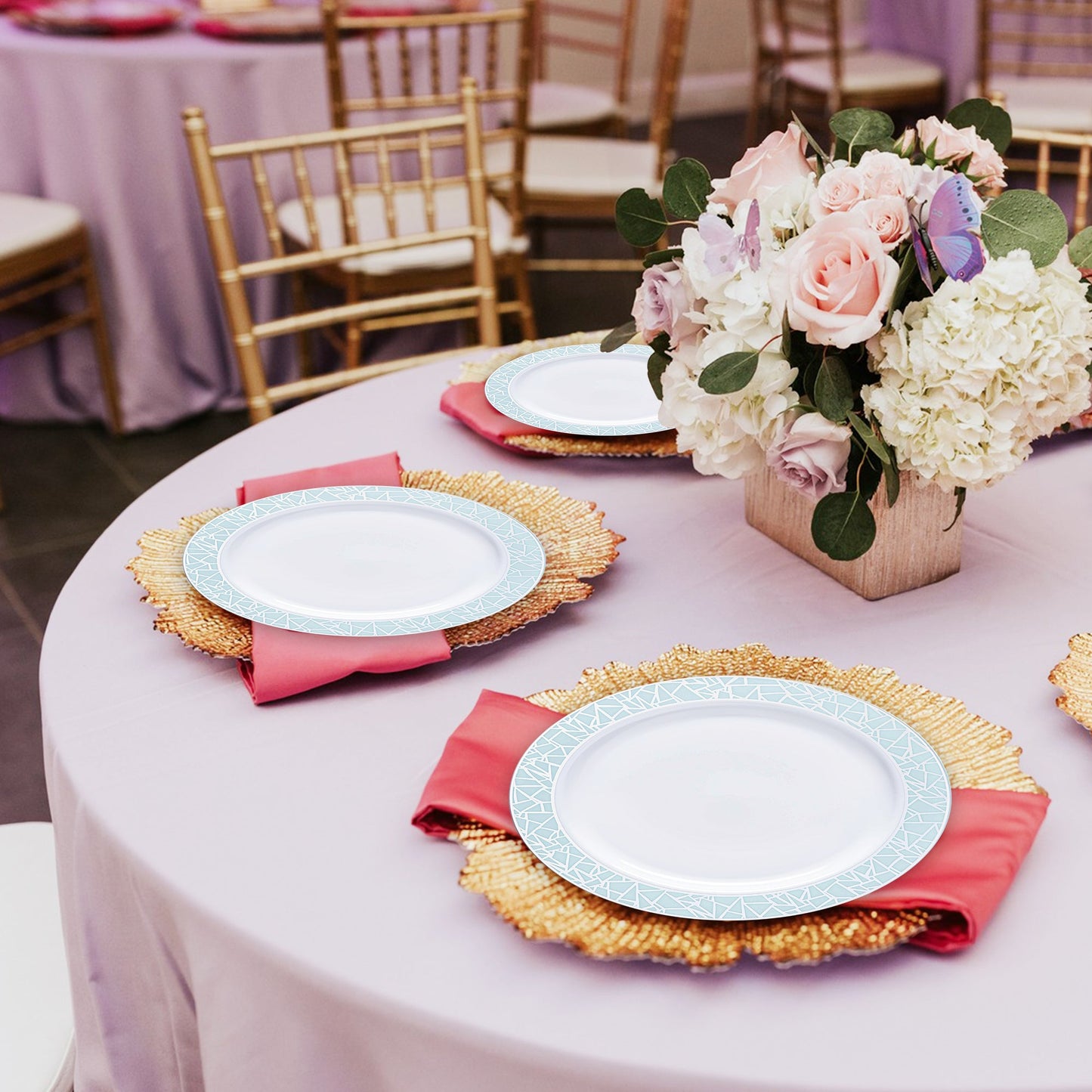 7.5" plates displayed starters during a coastal lunch with vibrant blue accents.