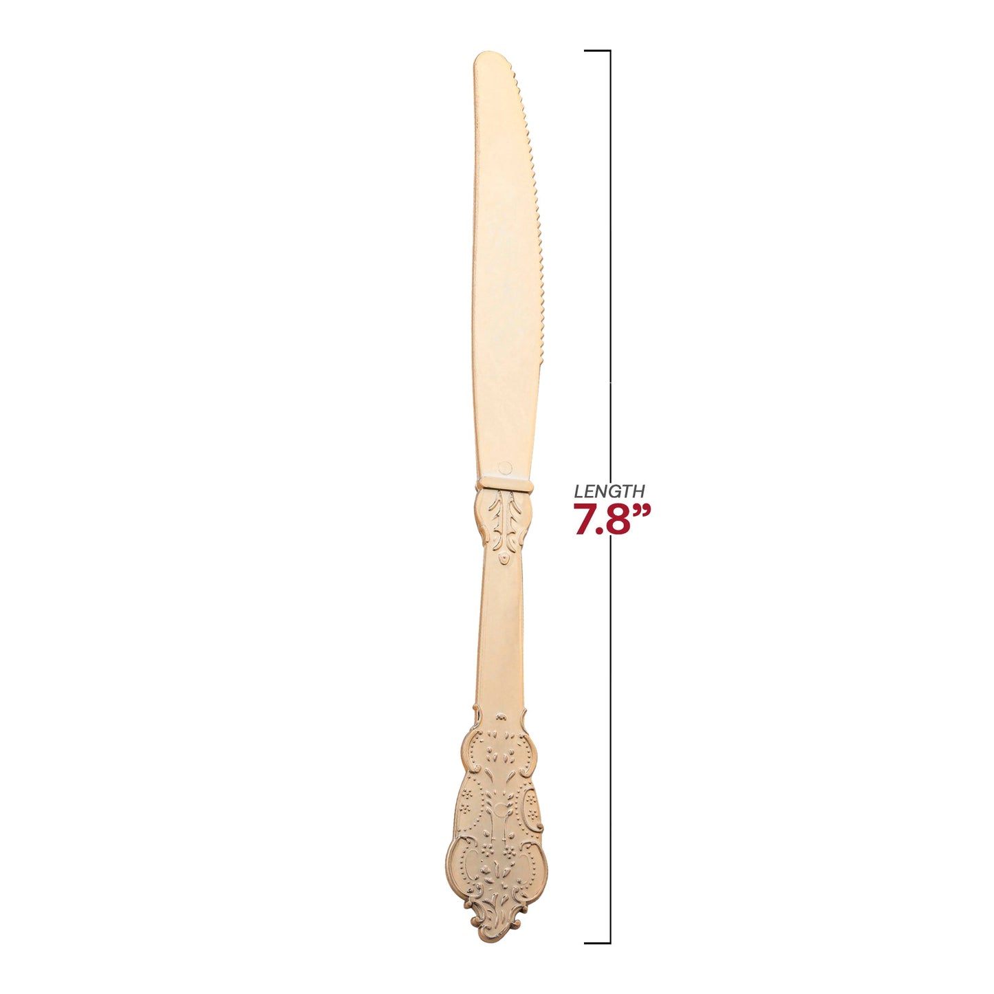 7.8-inch shiny gold Baroque plastic knives, disposable for easy cleanup while maintaining an elegant appearance