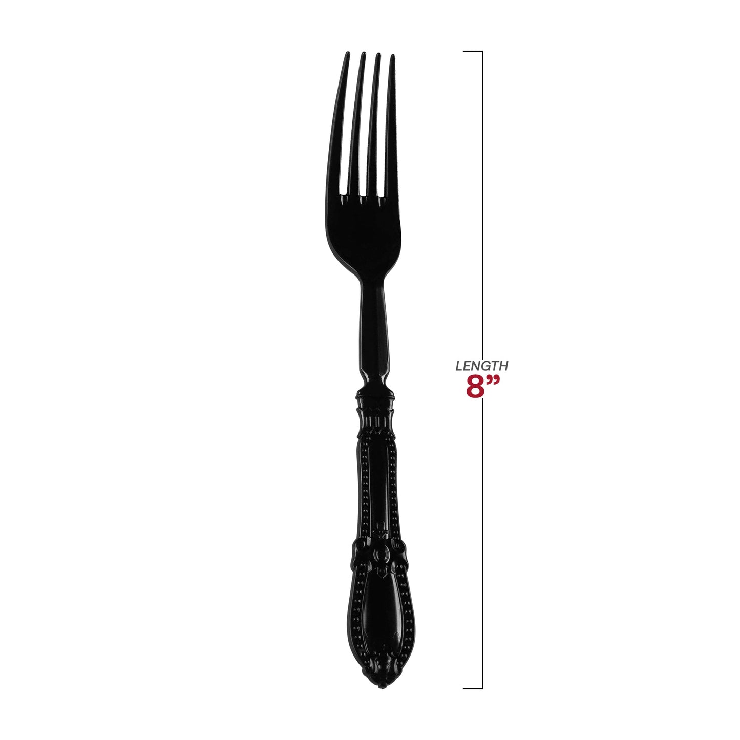 8-inch Black Baroque plastic dinner forks with an intricate handle design, perfect for elegant table settings, case of 480