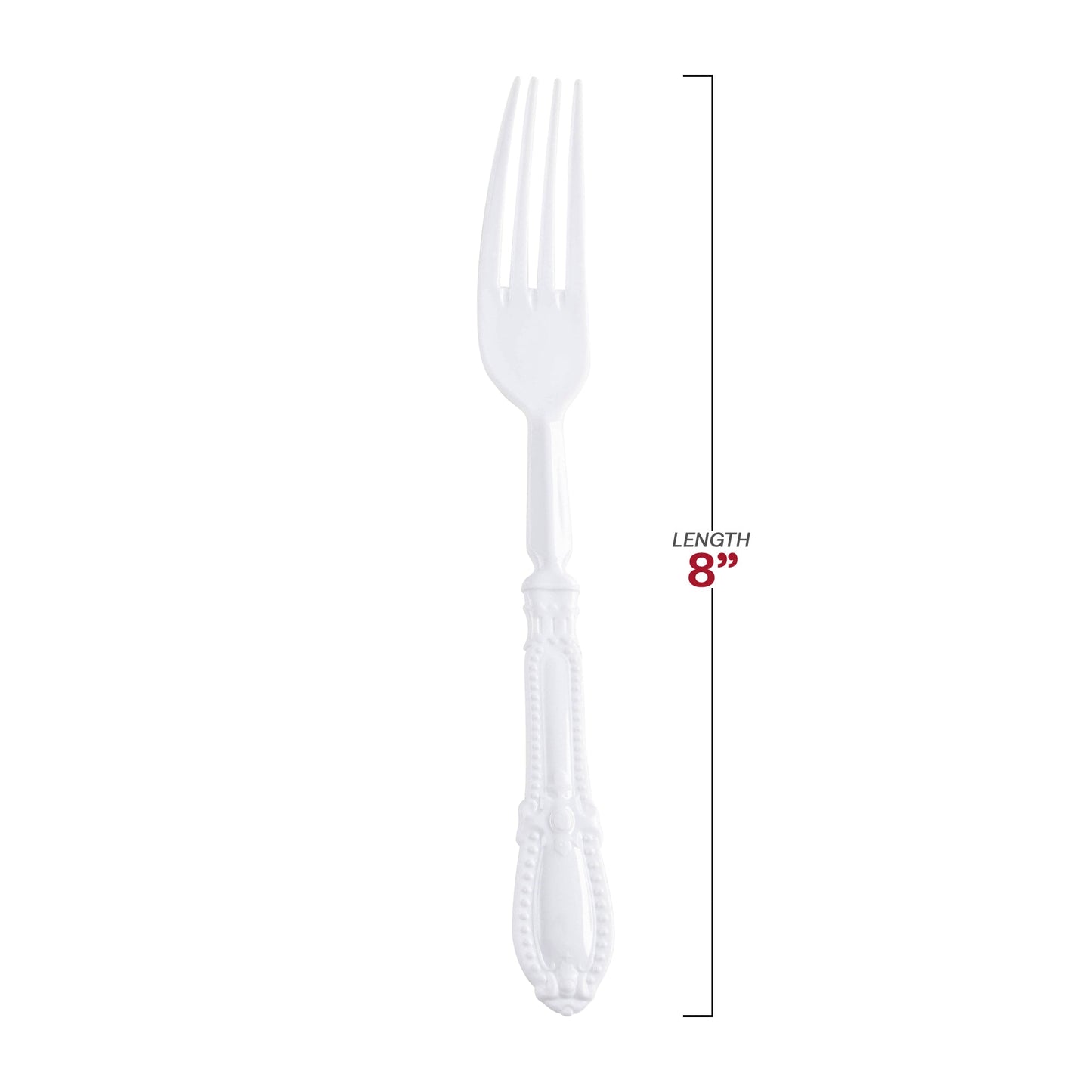 8-inch white Baroque plastic forks with ornate handles, ideal for weddings and formal gatherings