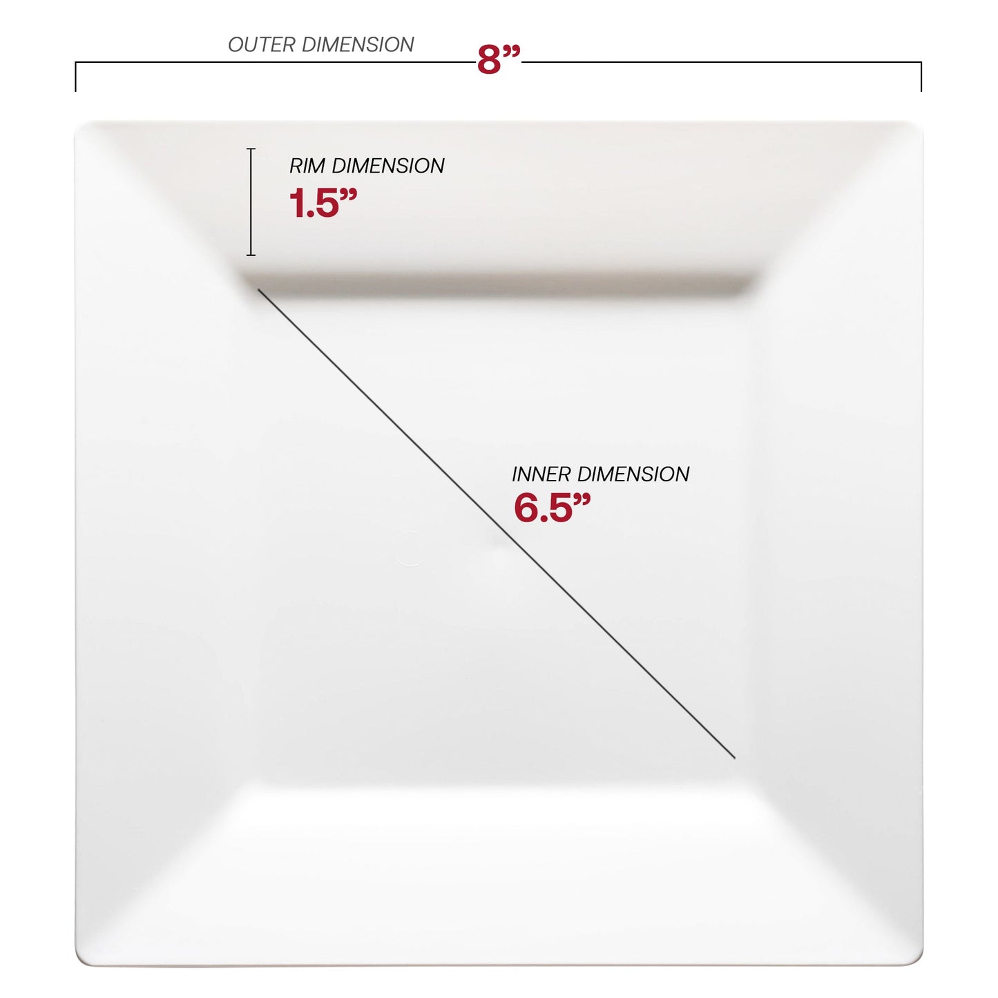 8-inch white square plastic plates, perfect for serving salads, appetizers, and small portions at events and celebrations