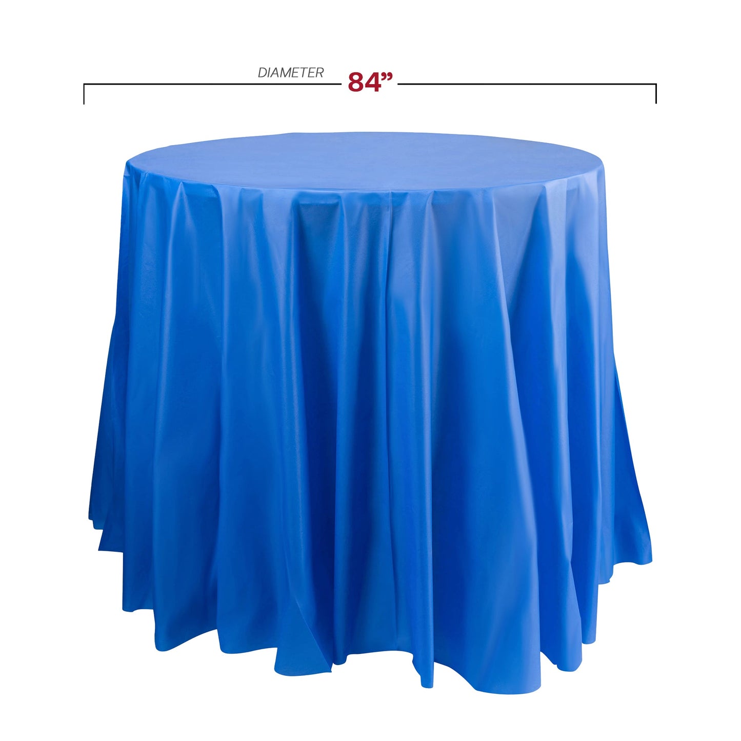 84-inch navy disposable plastic tablecloths with a round shape, perfect for celebrations, parties, and bulk event use, case of 96.