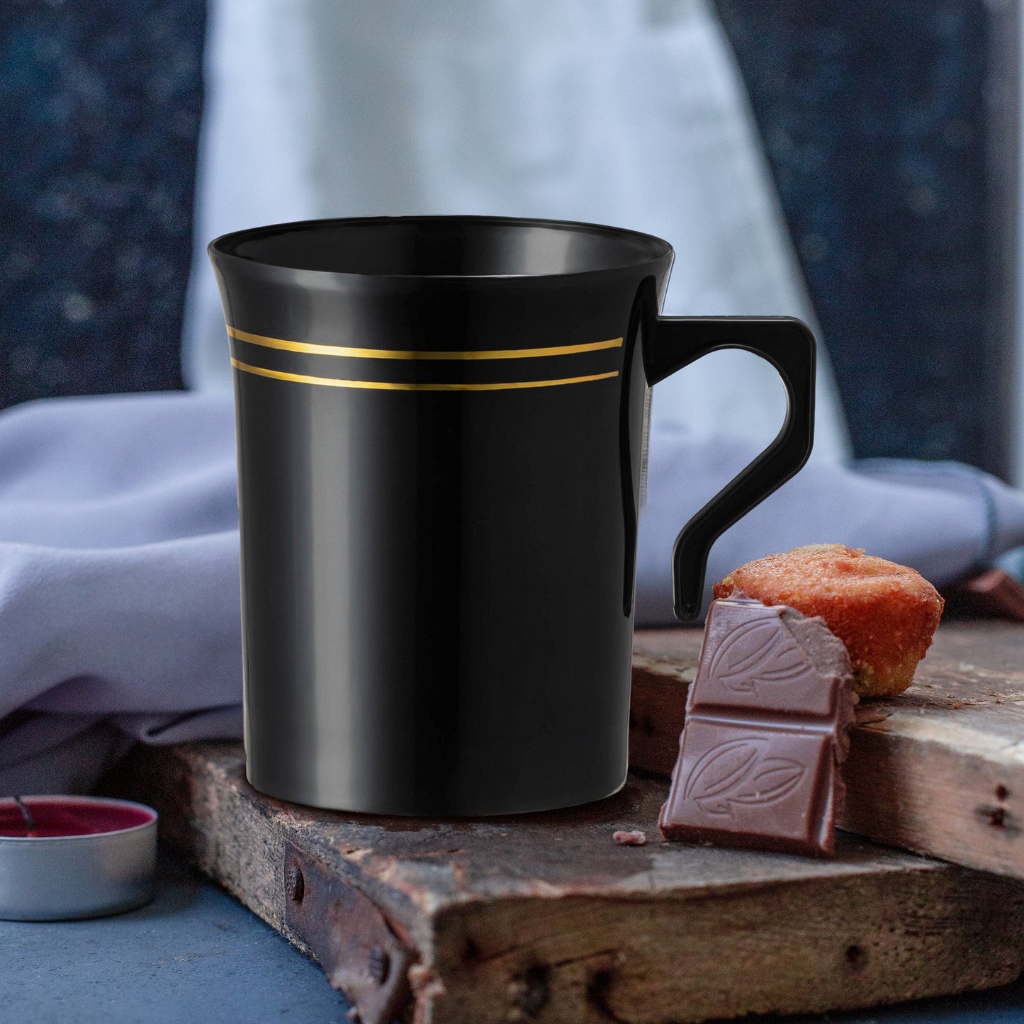 8 oz. Black Coffee Mugs with Gold Rim served with dessert at a stylish black and gold themed party