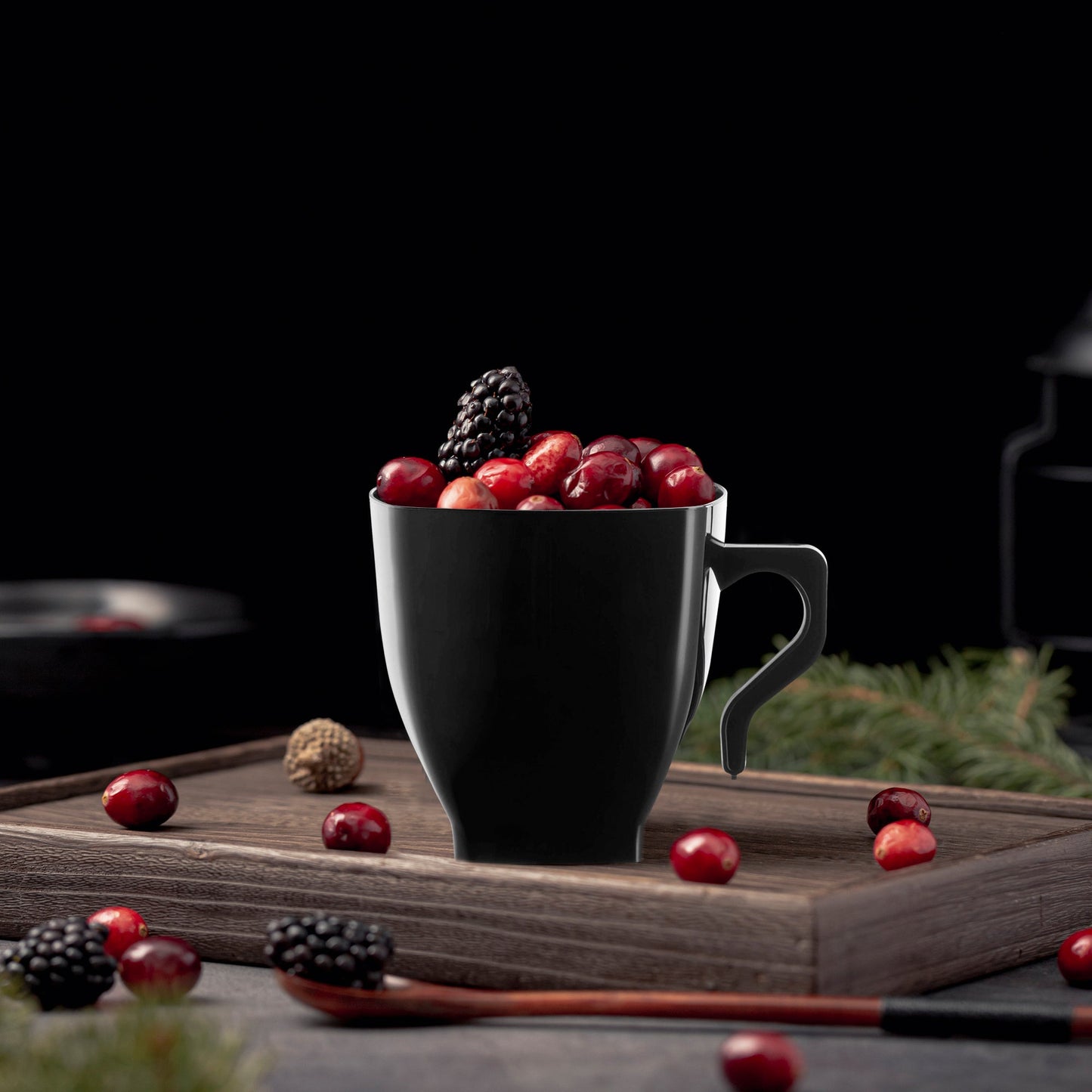 8 oz. Black Square Plastic Coffee Mug with a sturdy handle and sleek finish, perfect for hot drinks and daily use