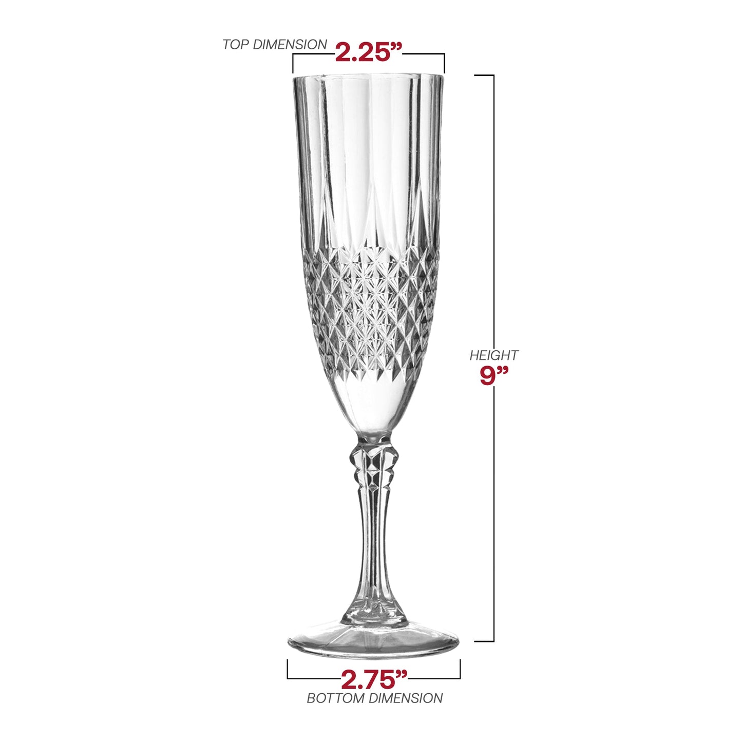 8 oz Crystal cut plastic champagne flutes with dimensions of 2.25” x 9” x 2.75”, disposable and ideal for formal gatherings