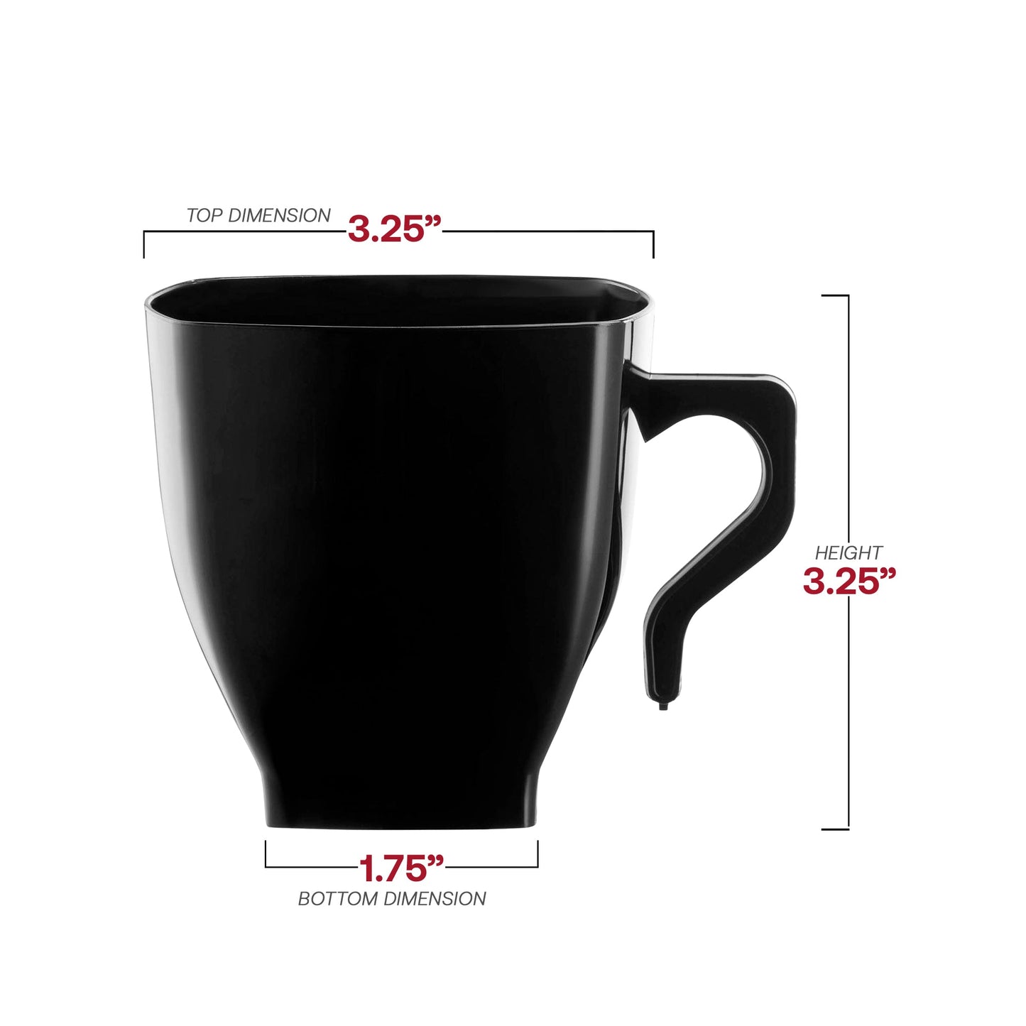 8 oz black disposable plastic coffee mugs with a contemporary square design, available in a bulk 192-pack.