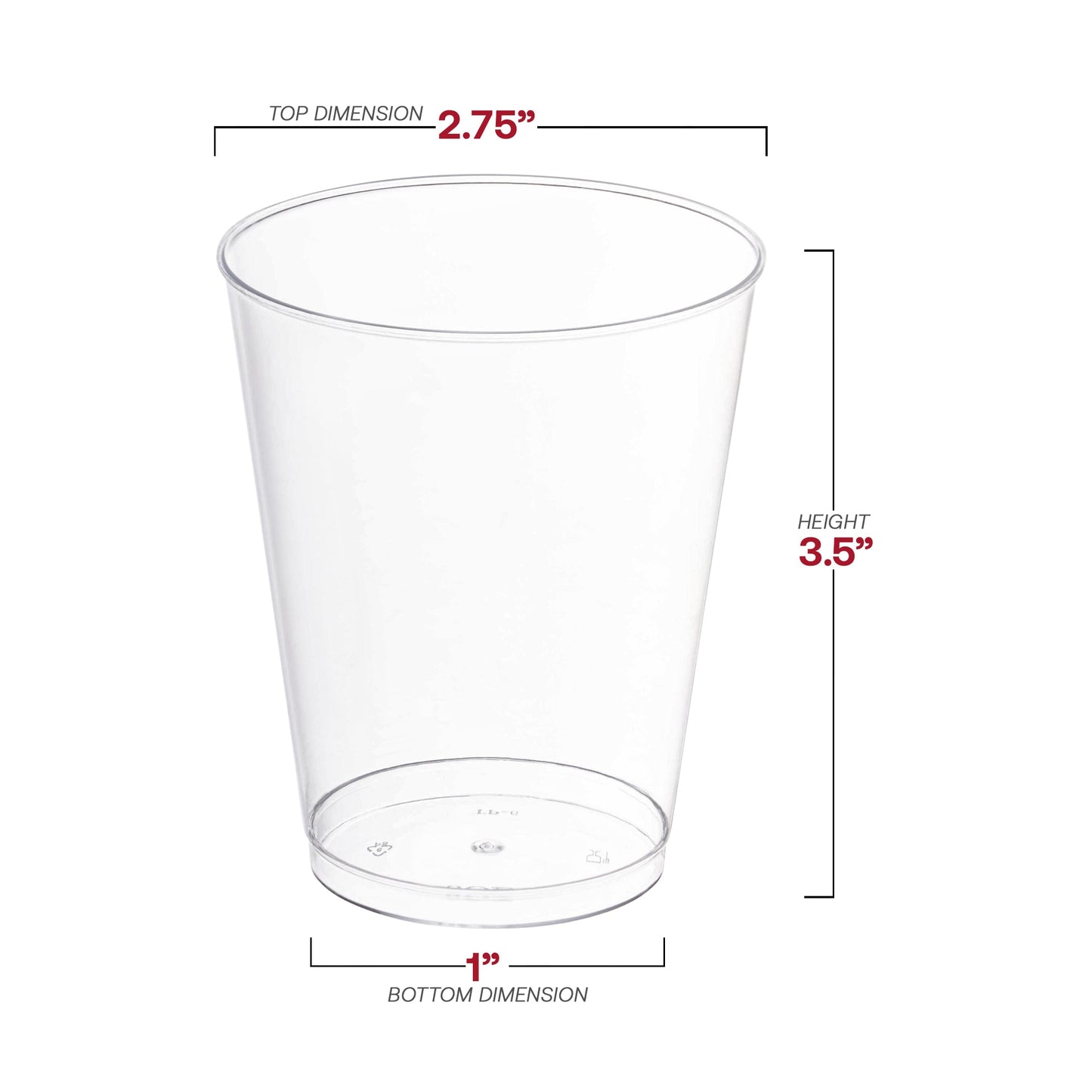8 oz crystal clear round plastic disposable party cups, measuring 2.75 inches wide, 3.5 inches tall, and 1 inch at the base