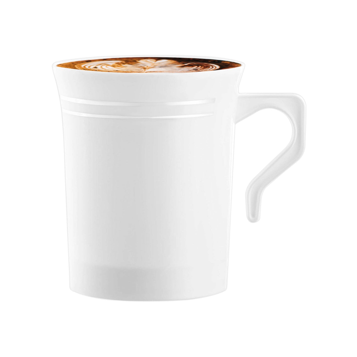 8 oz disposable white plastic mugs with a silver trim, perfect for serving coffee, tea, or hot chocolate