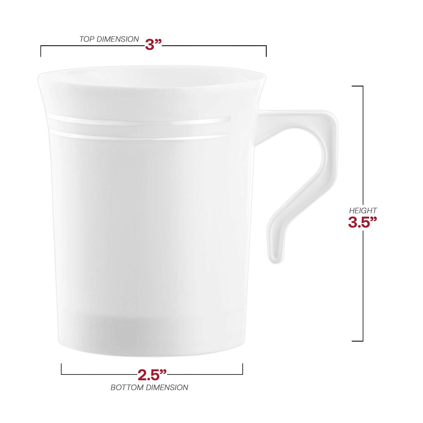8 oz white round plastic coffee mugs with silver edge rim, 3” x 3.5”, available in a 120-pack