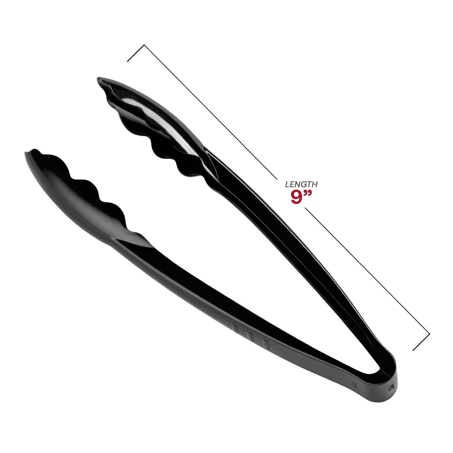 9-inch black disposable plastic serving tongs, designed for easy handling and serving of food
