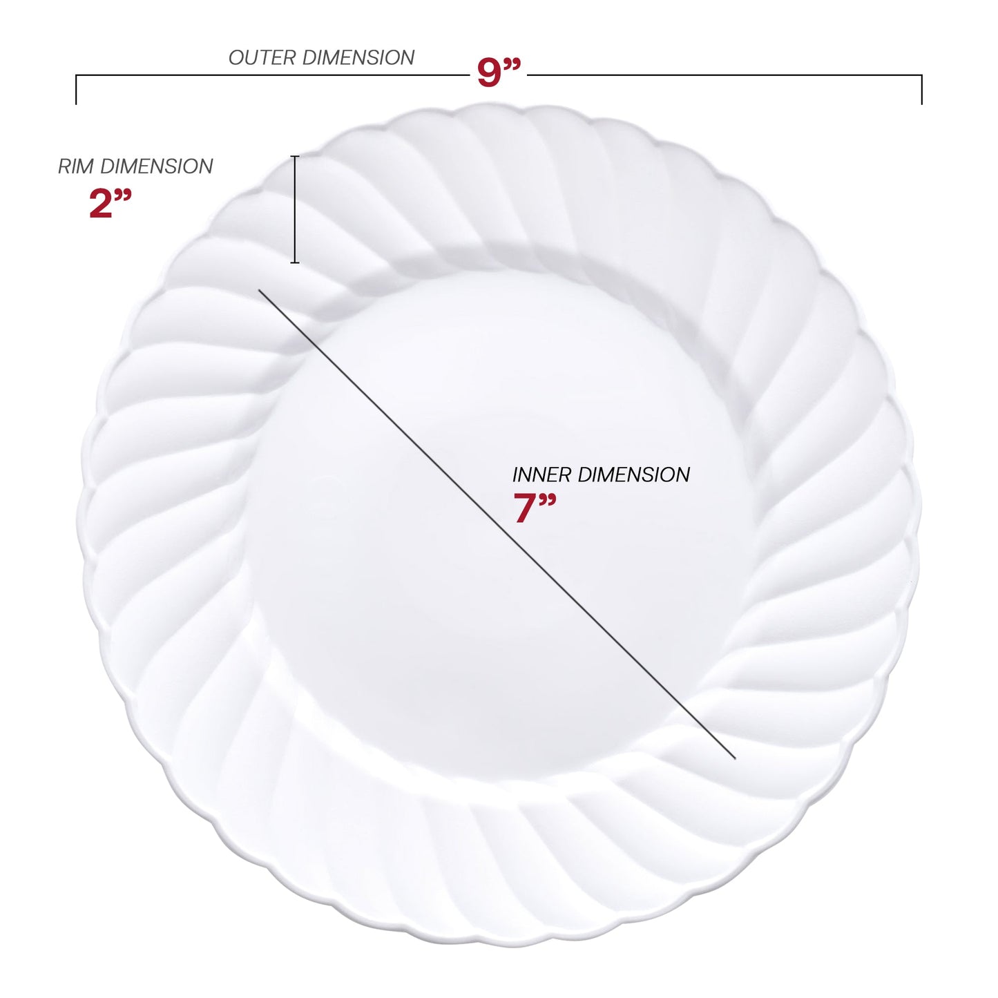 9-inch round white plastic buffet plates with a flared edge design