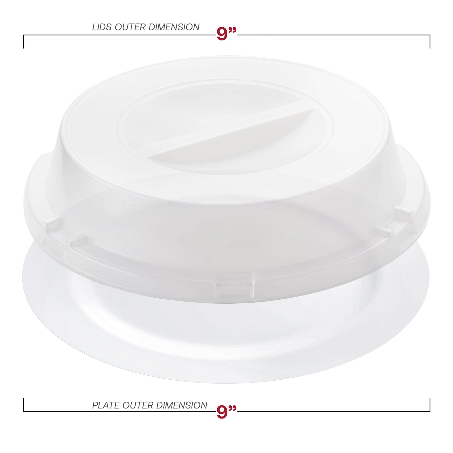 9-inch solid white disposable buffet plates with sturdy clear lids, great for keeping food fresh during gatherings