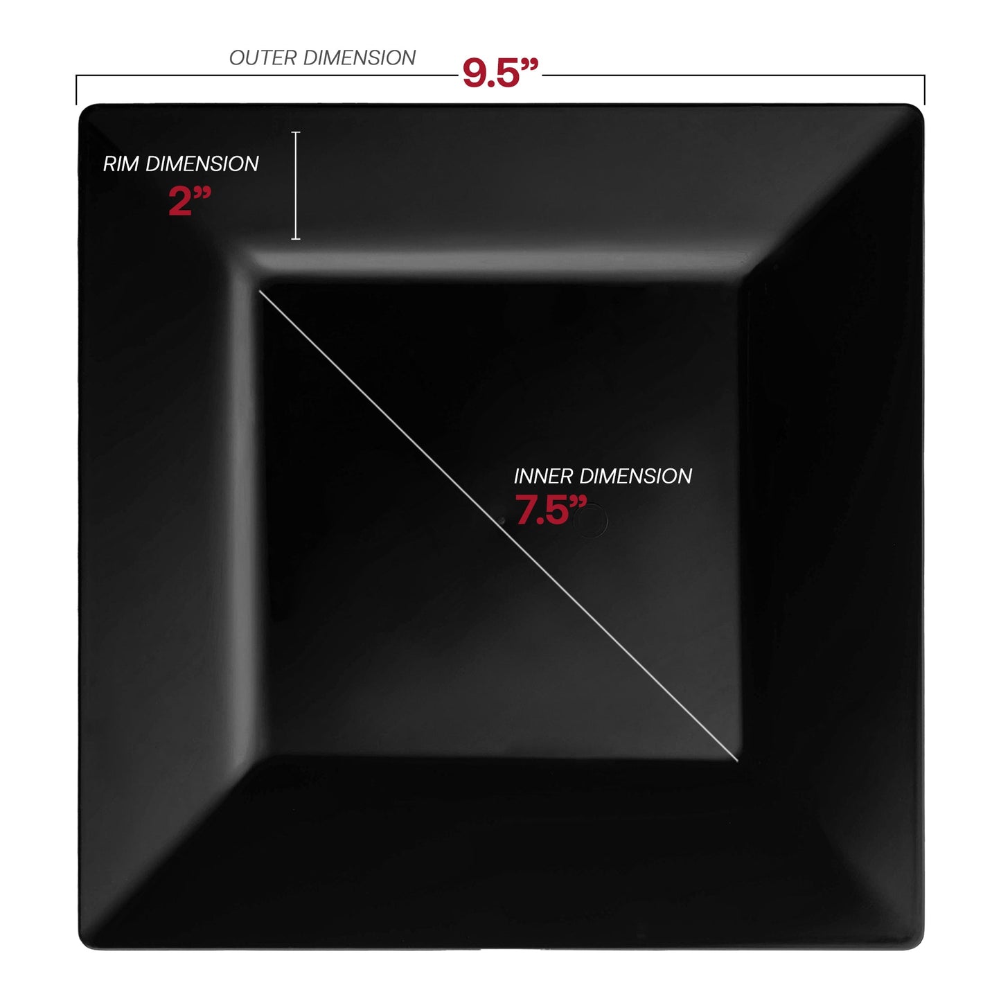 9.5-inch black square plastic plates, durable and disposable