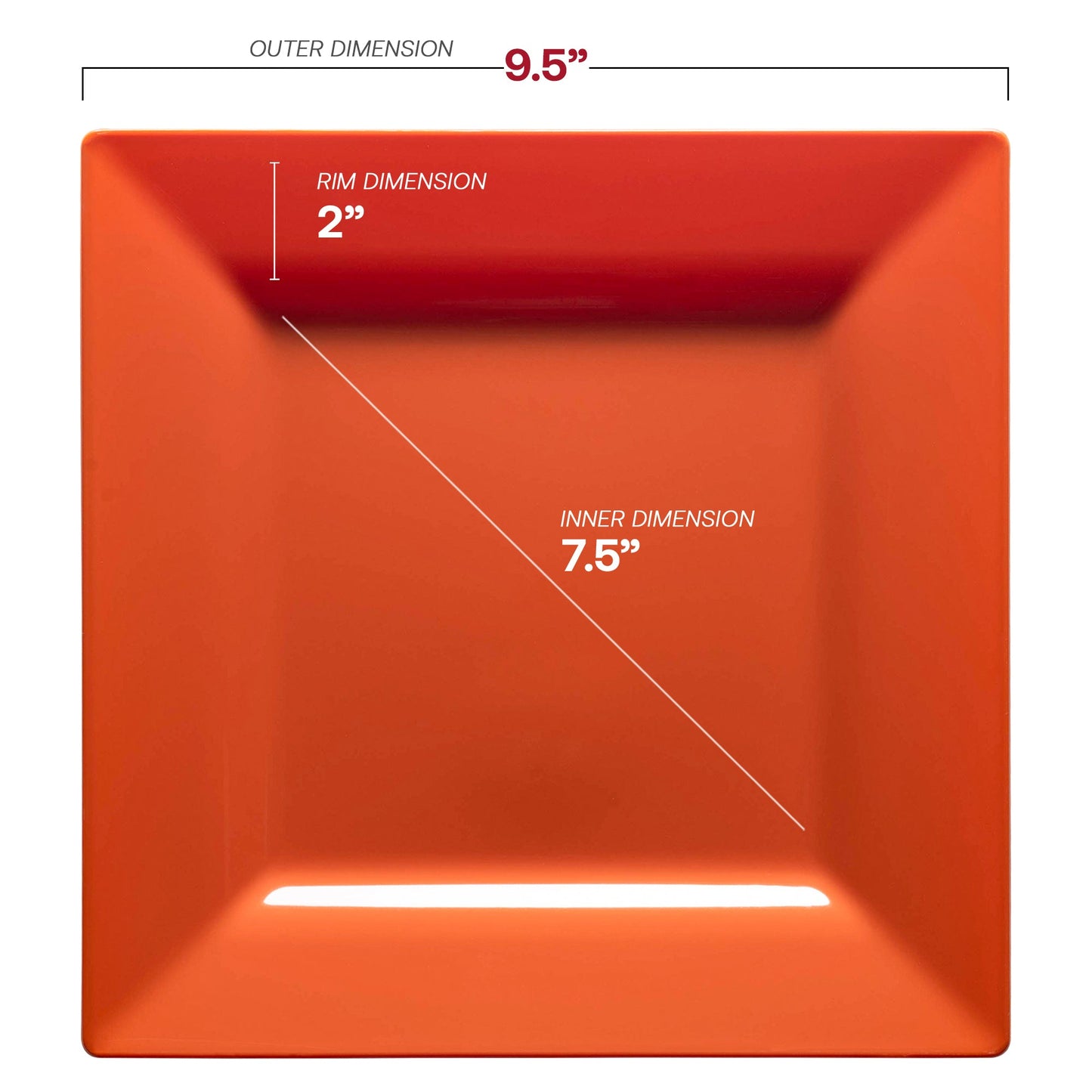 9.5-inch square dinner plates in a bold burnt orange color, crafted from durable plastic