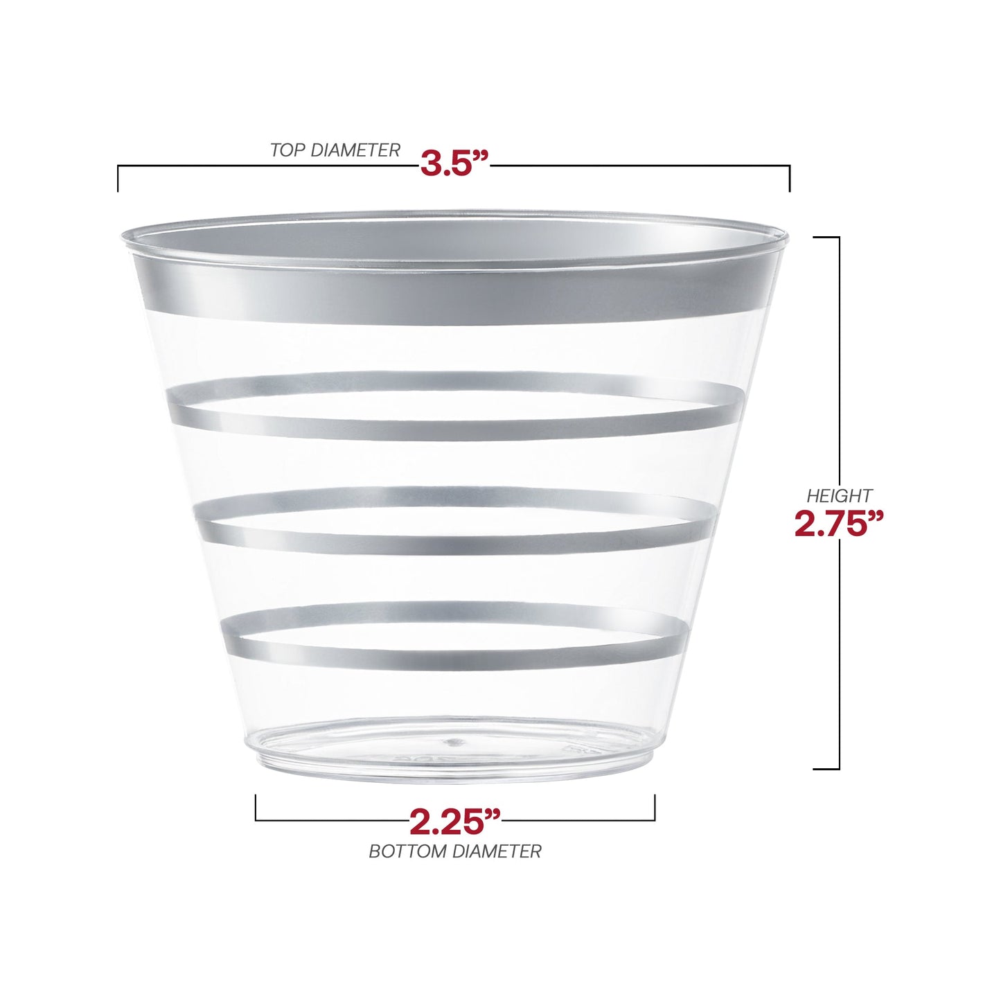 9 oz clear plastic party cups with silver stripes, round, disposable, 240-pack