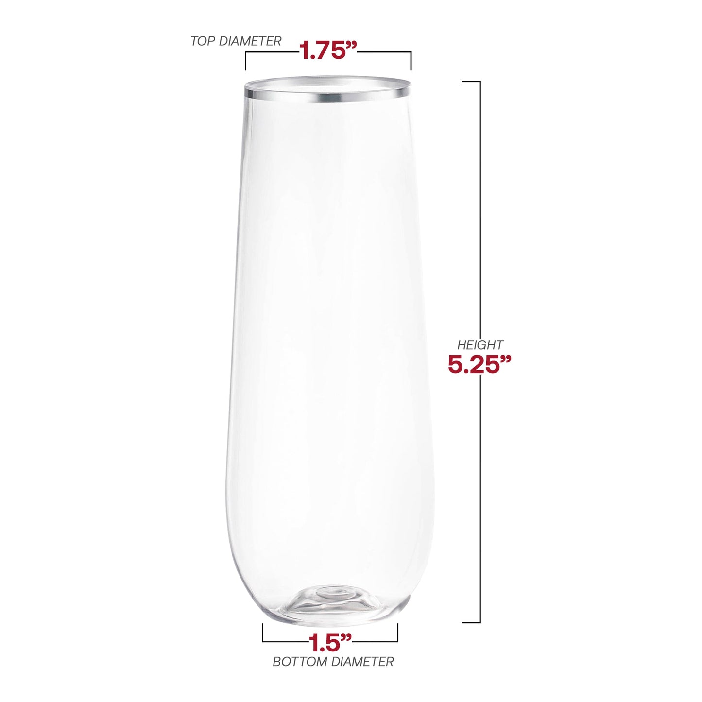9 oz clear with silver stemless plastic champagne flutes, measuring 1.75 inches wide, 5.25 inches tall, and 1.5 inches at the base