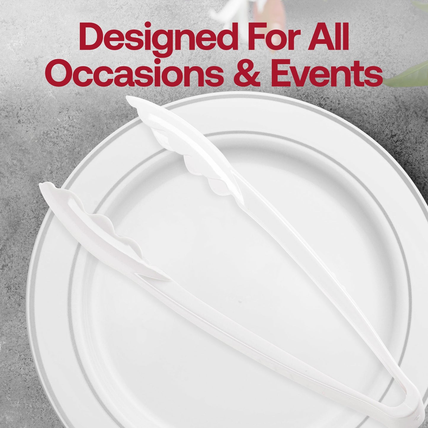 9" white disposable plastic serving tongs, SKU 404-L, perfect for everyday use and events