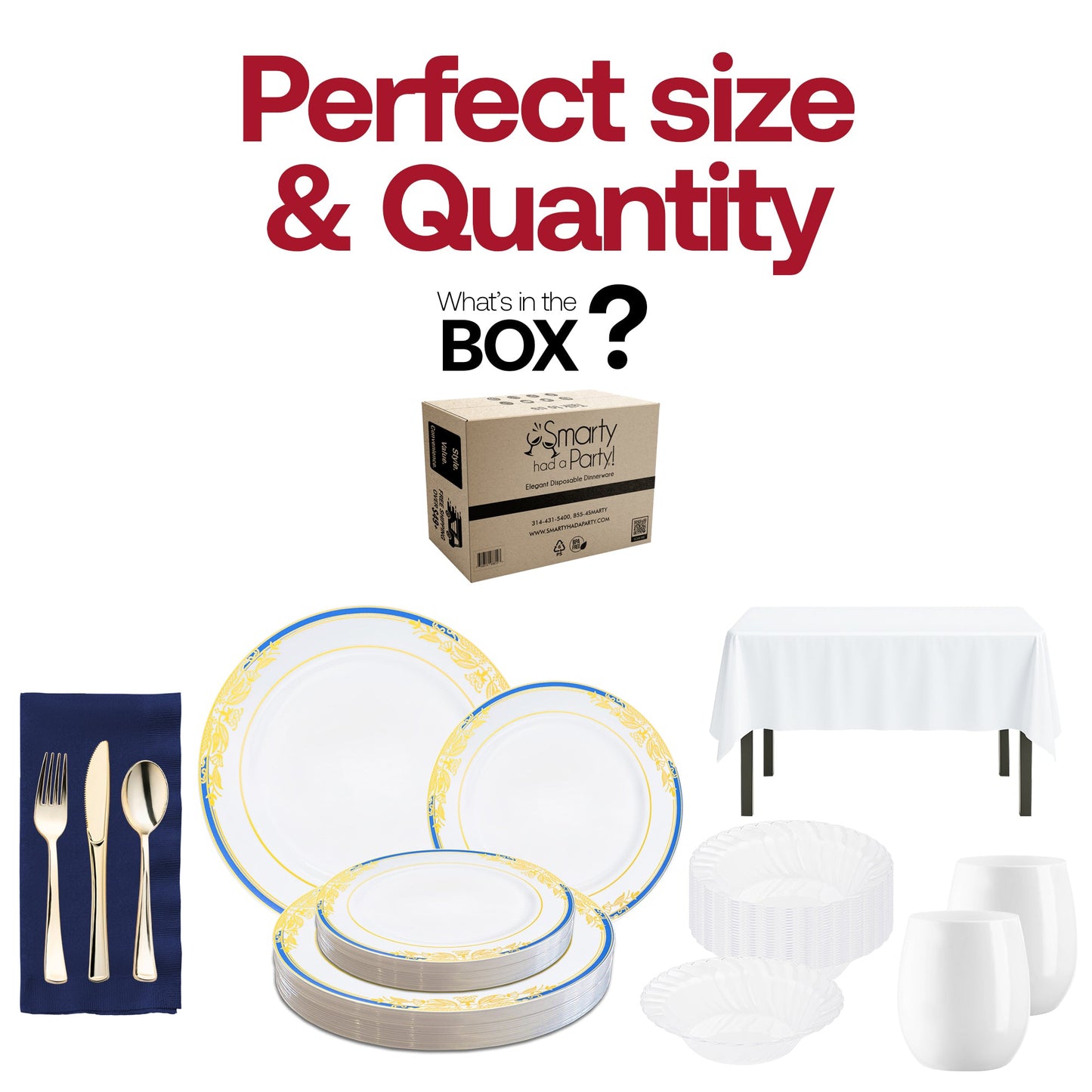 A complete 10-guest table setting with plates, bowls, cutlery, napkins, and wine glasses.