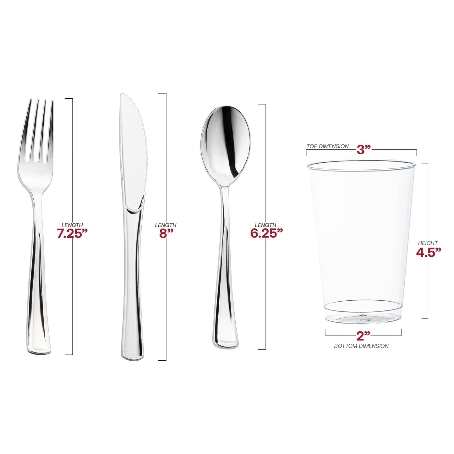 A go-to solution for weddings or corporate events, this silver set saves cleanup time
