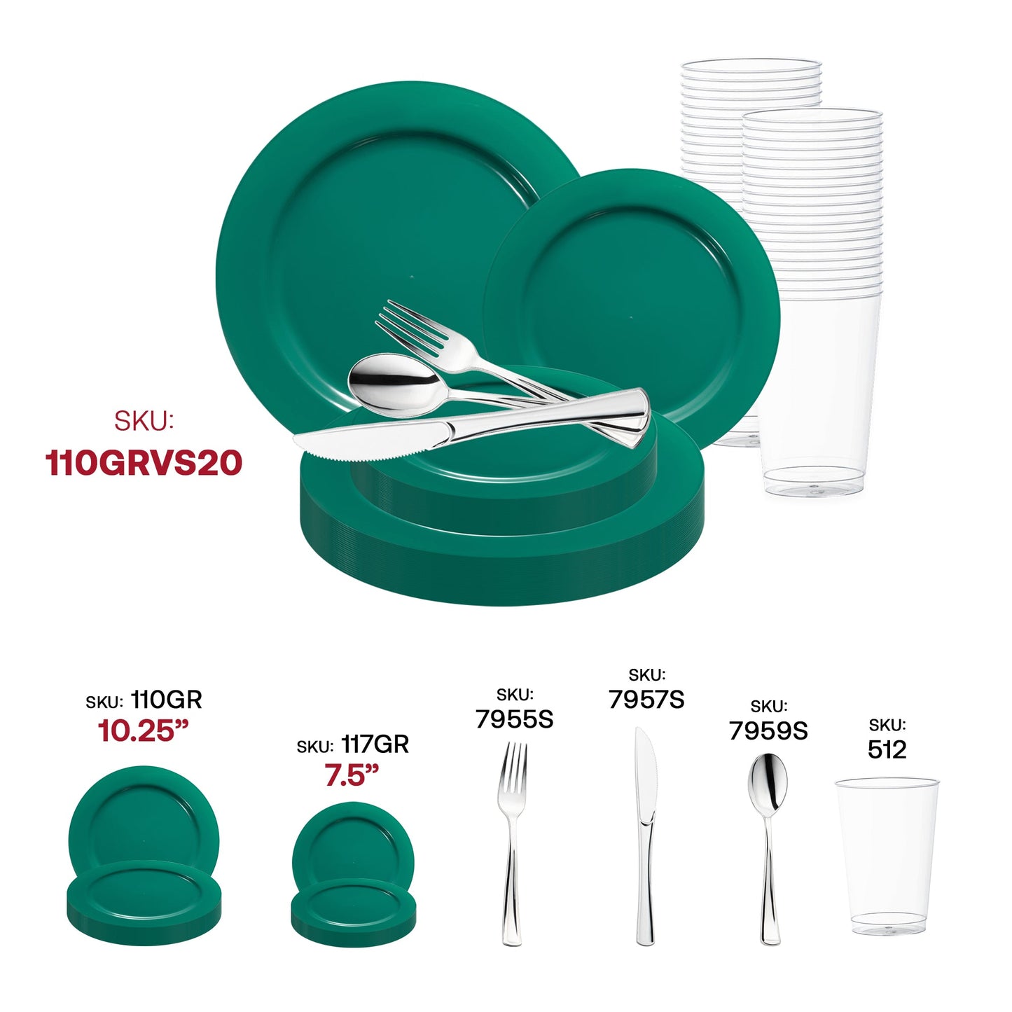 Add a pop of color and elegance to your event with the Solid Green Holiday Round Disposable Plastic Wedding Value Set, designed to brighten up your festive occasions