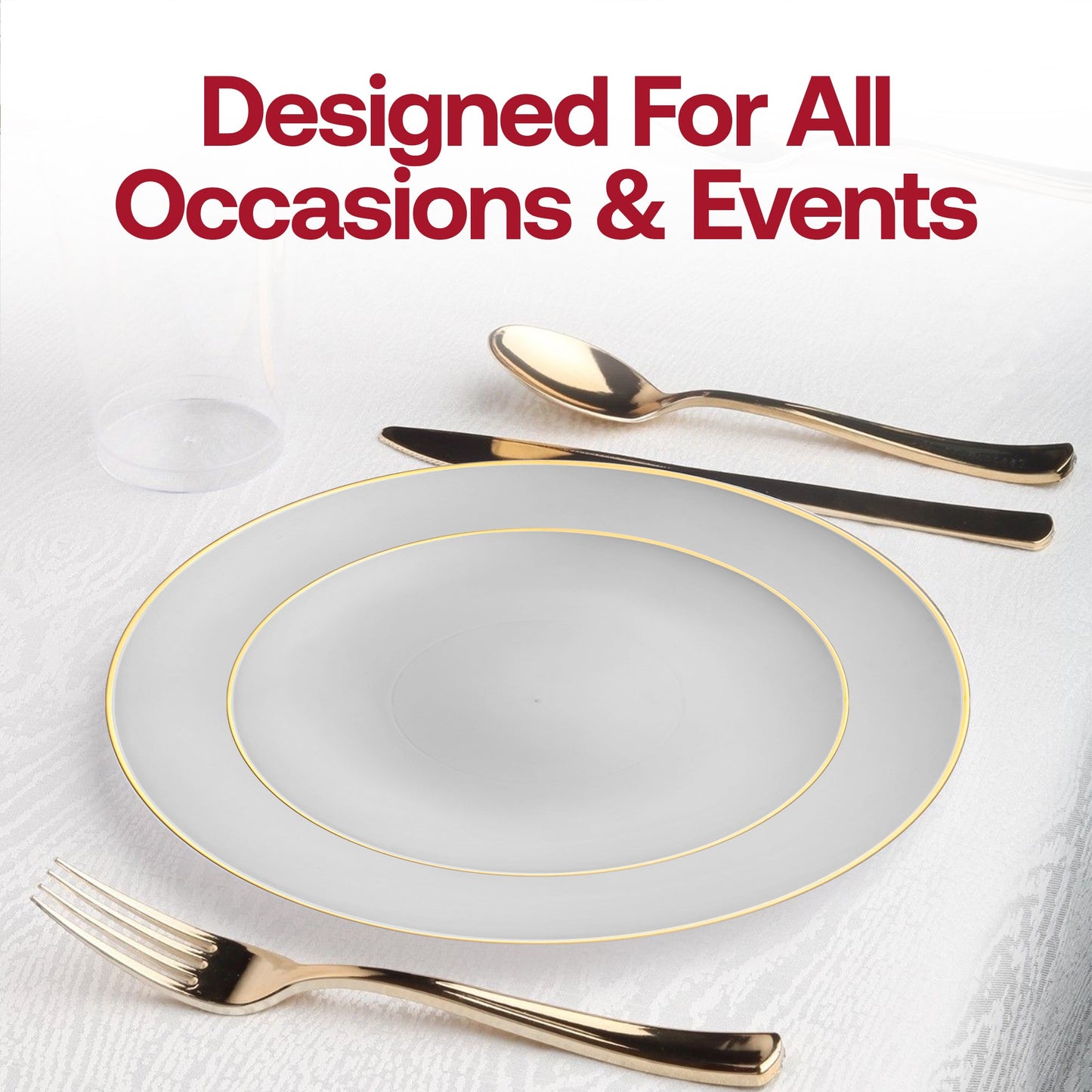 Add a refined and sophisticated touch to your event with the Gray with Gold Organic Round Disposable Plastic Wedding Value Set, ideal for making a statement at any special occasion