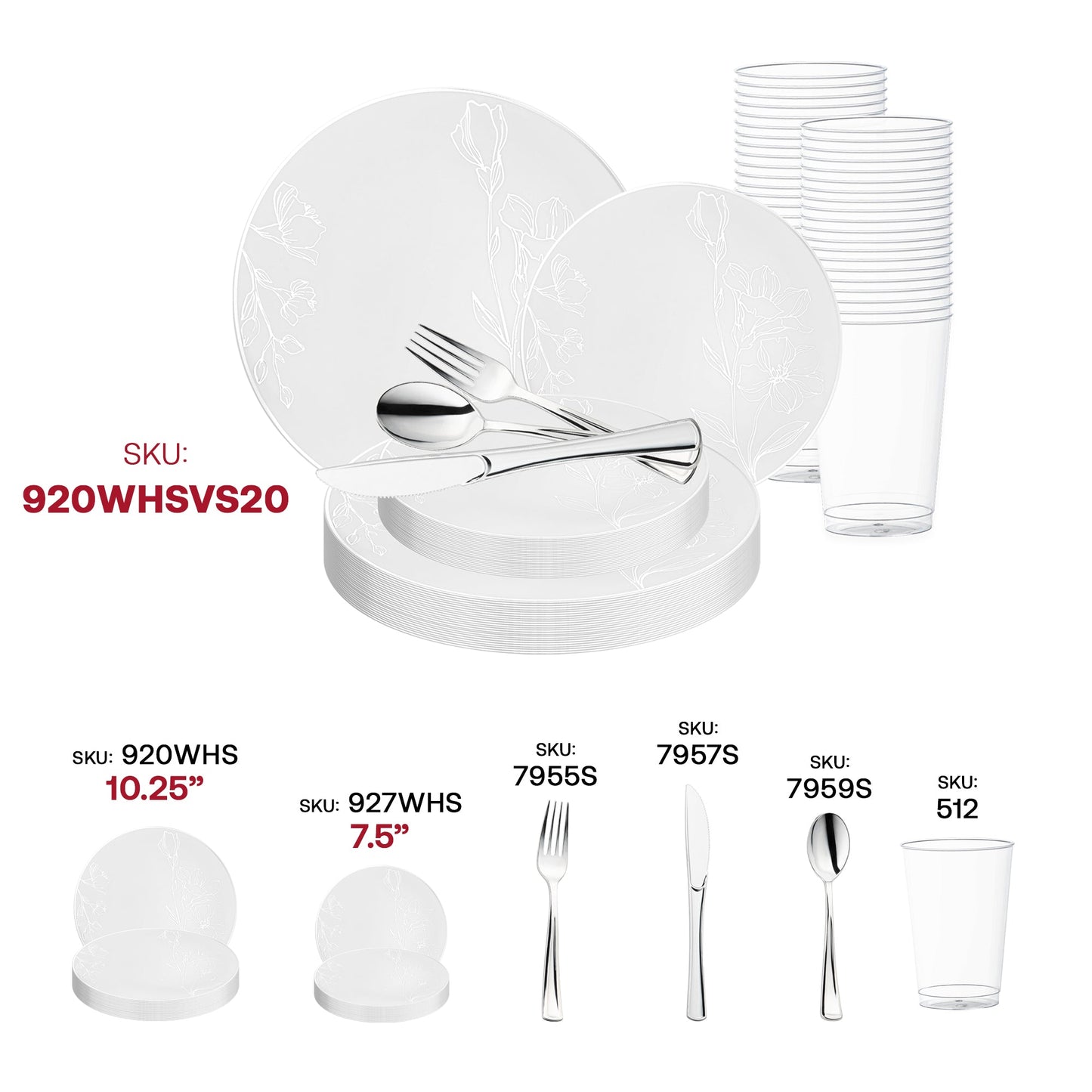 Add a timeless, elegant touch to your celebration with the White with Silver Antique Floral Round Disposable Plastic Wedding Value Set, ideal for upscale dinners and formal gatherings