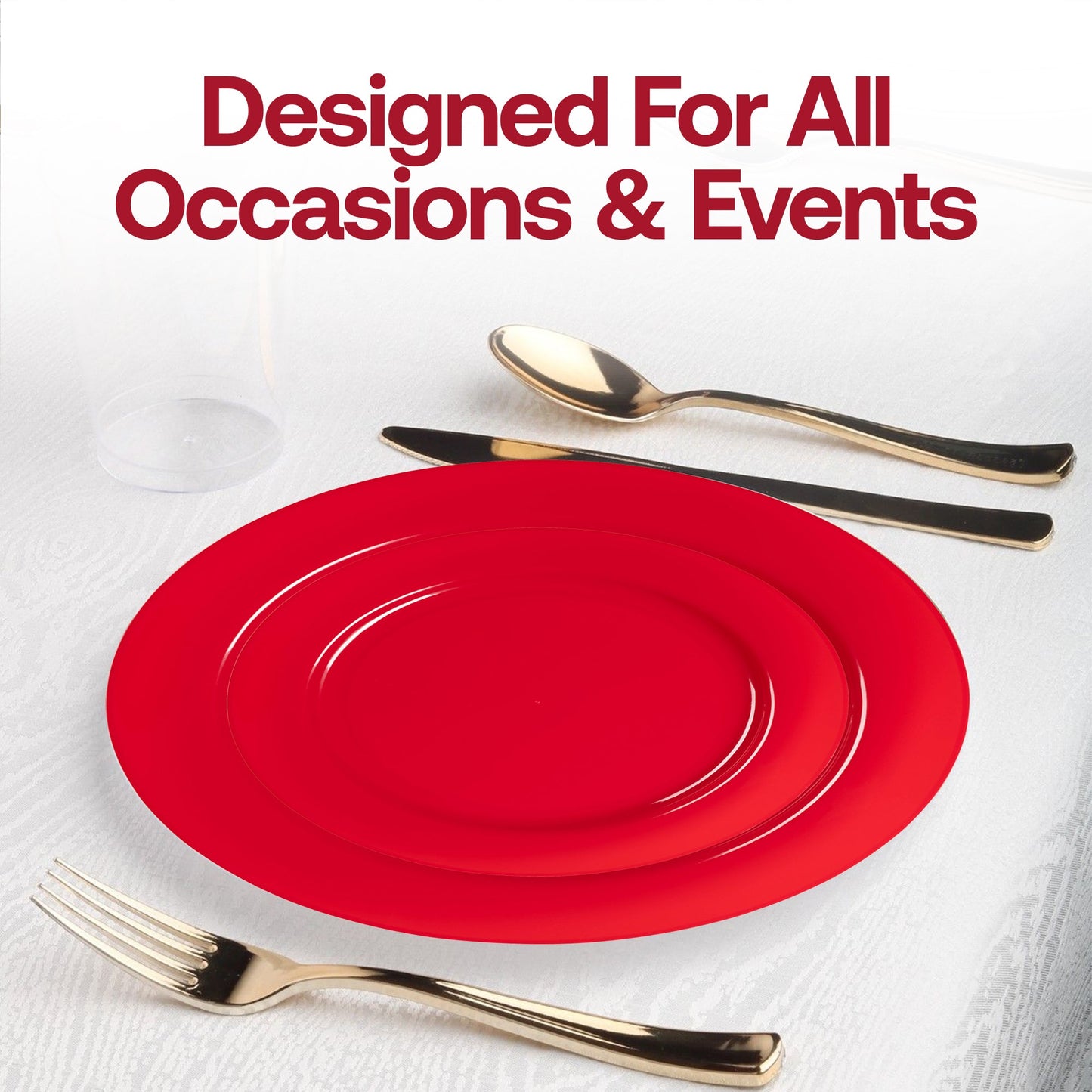 Add a touch of luxury and holiday cheer with the Solid Red Holiday Round Disposable Plastic Wedding Value Set, designed to elevate your seasonal parties and holiday gatherings