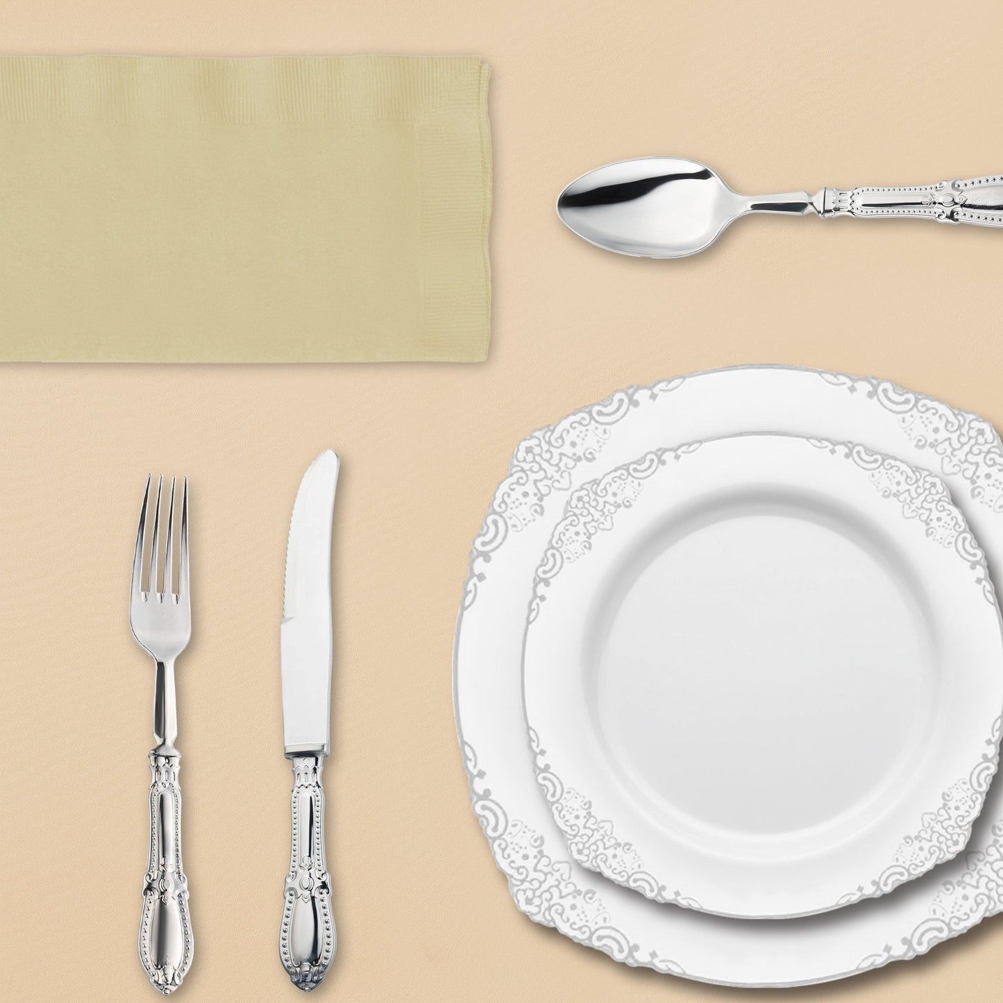 Add elegance to any special day with The Neutral Territory Package’s baroque-inspired silver cutlery and plates