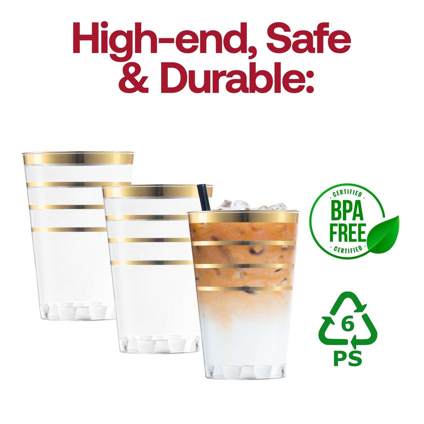 BPA-free 12 oz clear plastic tumblers with a sophisticated gold stripe design