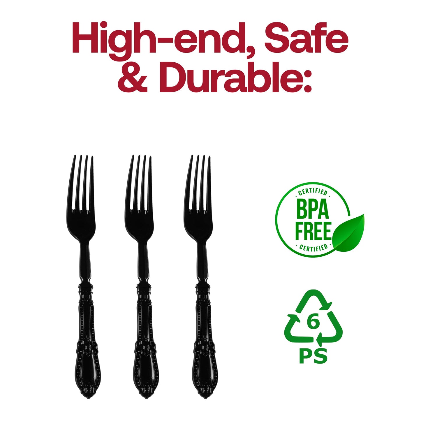 BPA-free Black Baroque plastic dinner forks, 8 inches, featuring intricate detailing, safe and stylish, bulk case of 480