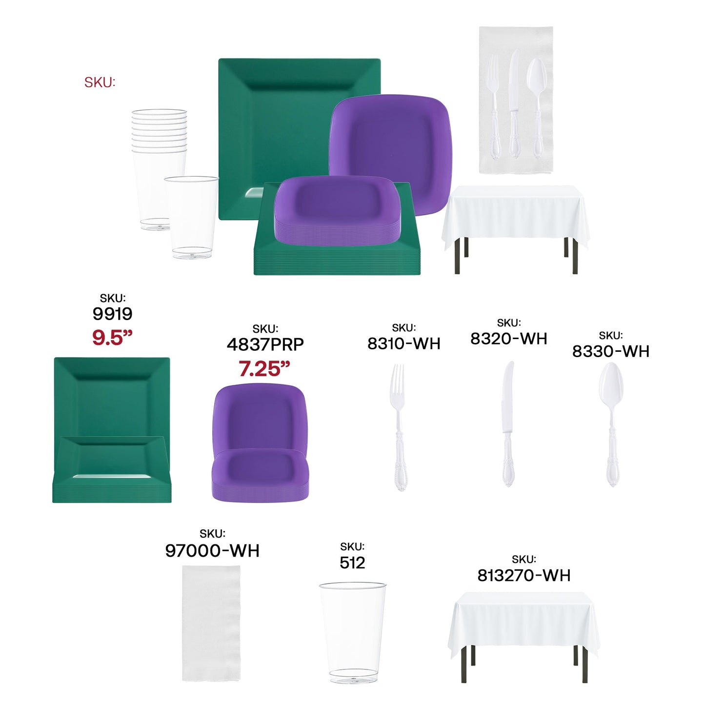 BPA-free Green and Purple disposable set includes cups, napkins, tablecloths, and cutlery.