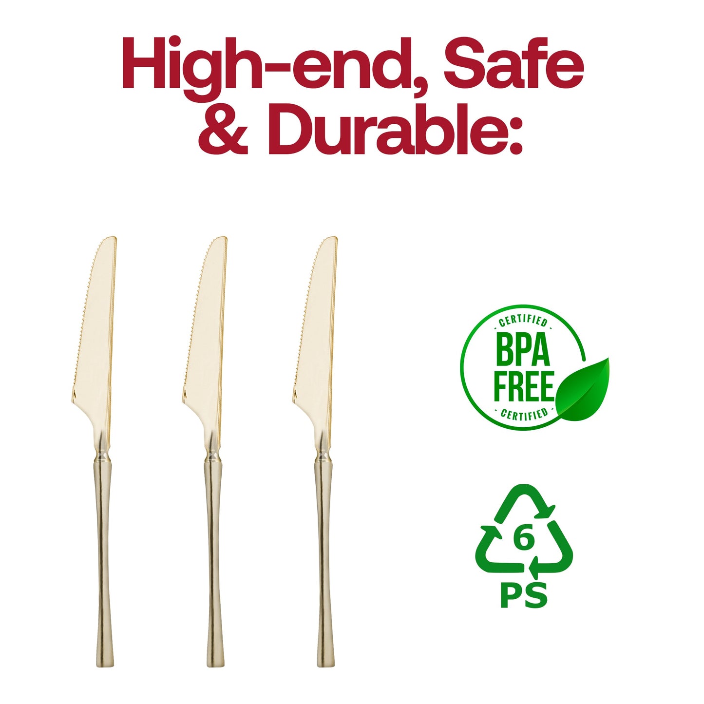 BPA-free Moderno gold plastic knives, 8.8 inches, safe, stylish, and perfect for fine dining occasions