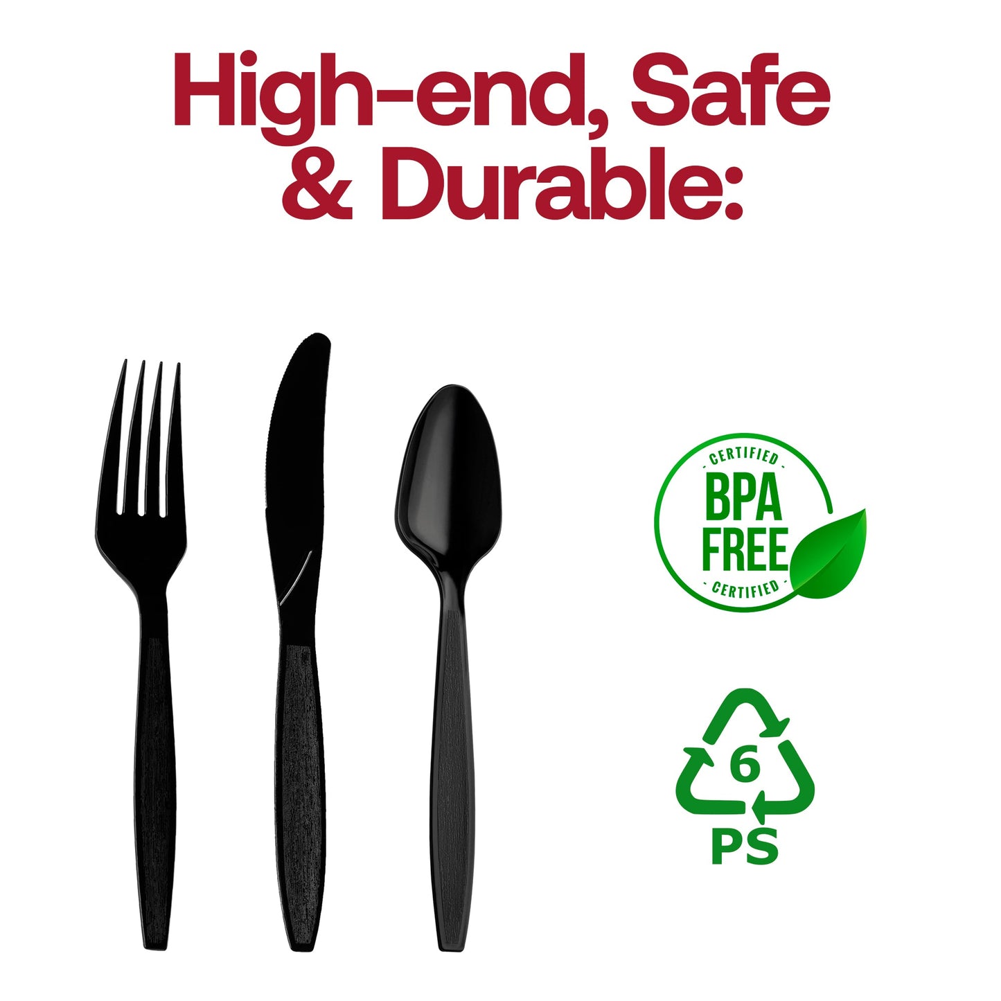 BPA-free black disposable plastic cutlery set, safe for food use, sturdy, and perfect for parties, picnics, and catering
