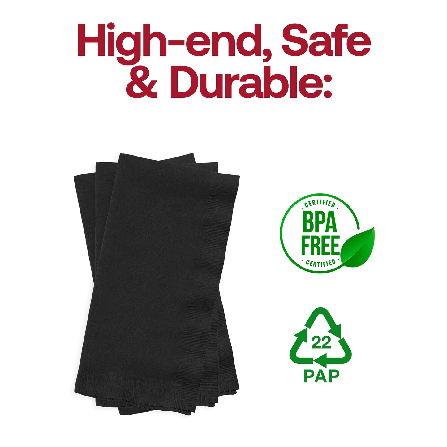 BPA-free black velvet dinner napkin made from soft, durable paper, 16 x 16 inches, in a pack of 600.