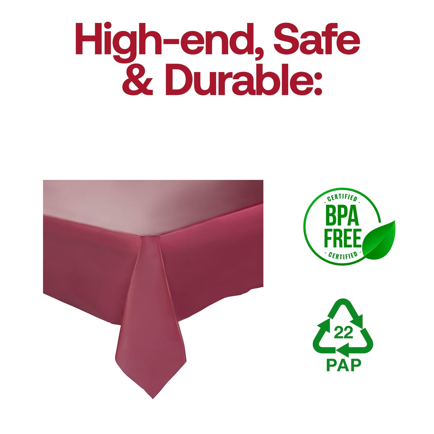BPA-free burgundy disposable plastic tablecloth, 54 x 108 inches, offering safe and eco-friendly coverage for event tables.