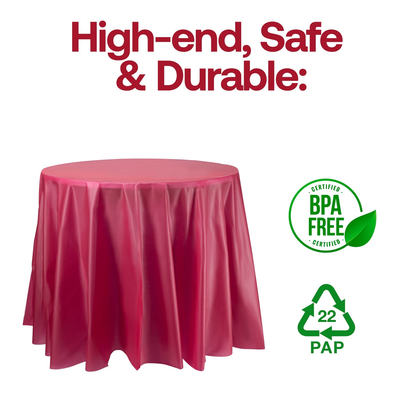 BPA-free burgundy round plastic tablecloths, 84-inch disposable design, food-safe and convenient for events, pack of 96.