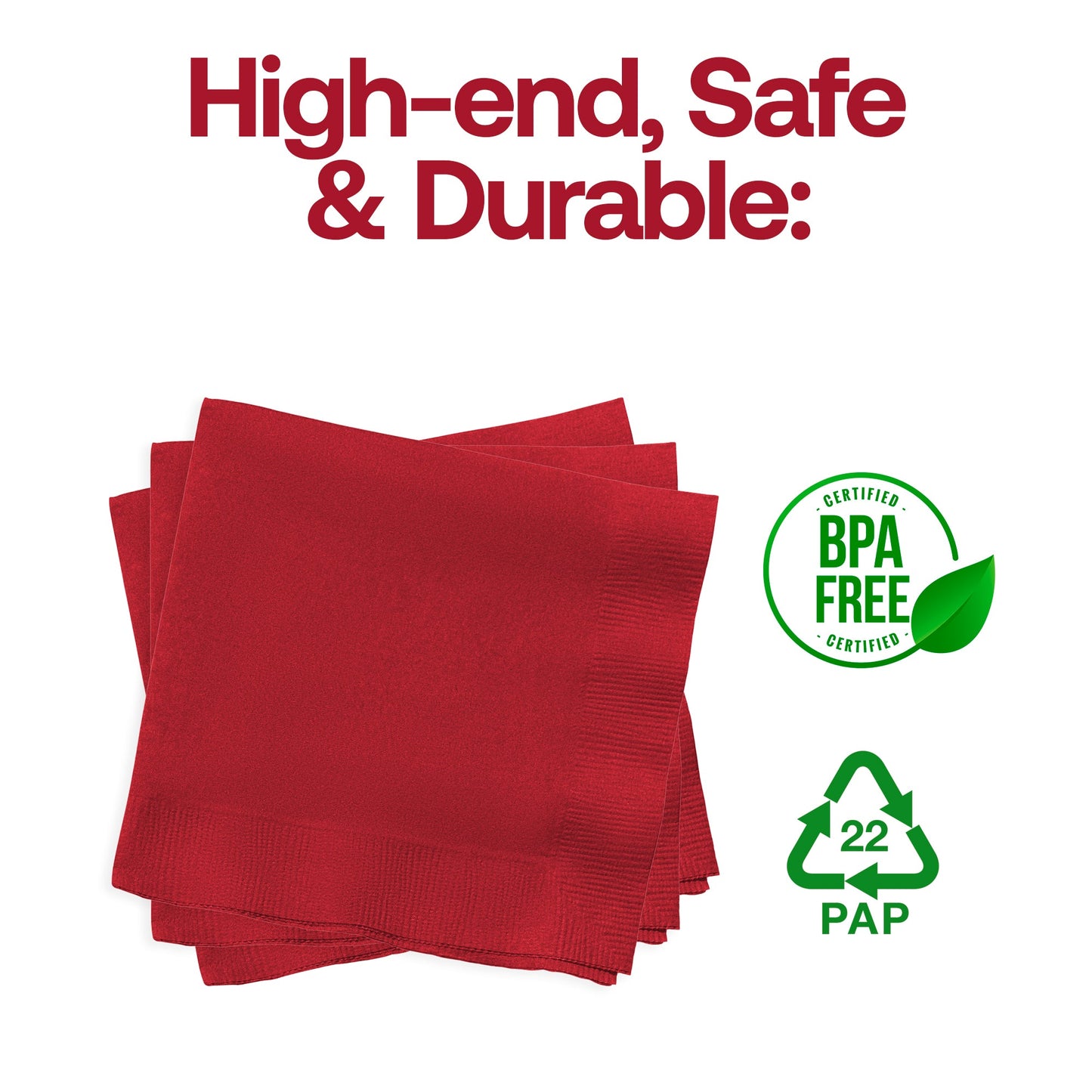 BPA-free classic red beverage napkin made from food-safe paper, 10 x 10 inches, included in a 600-count case.