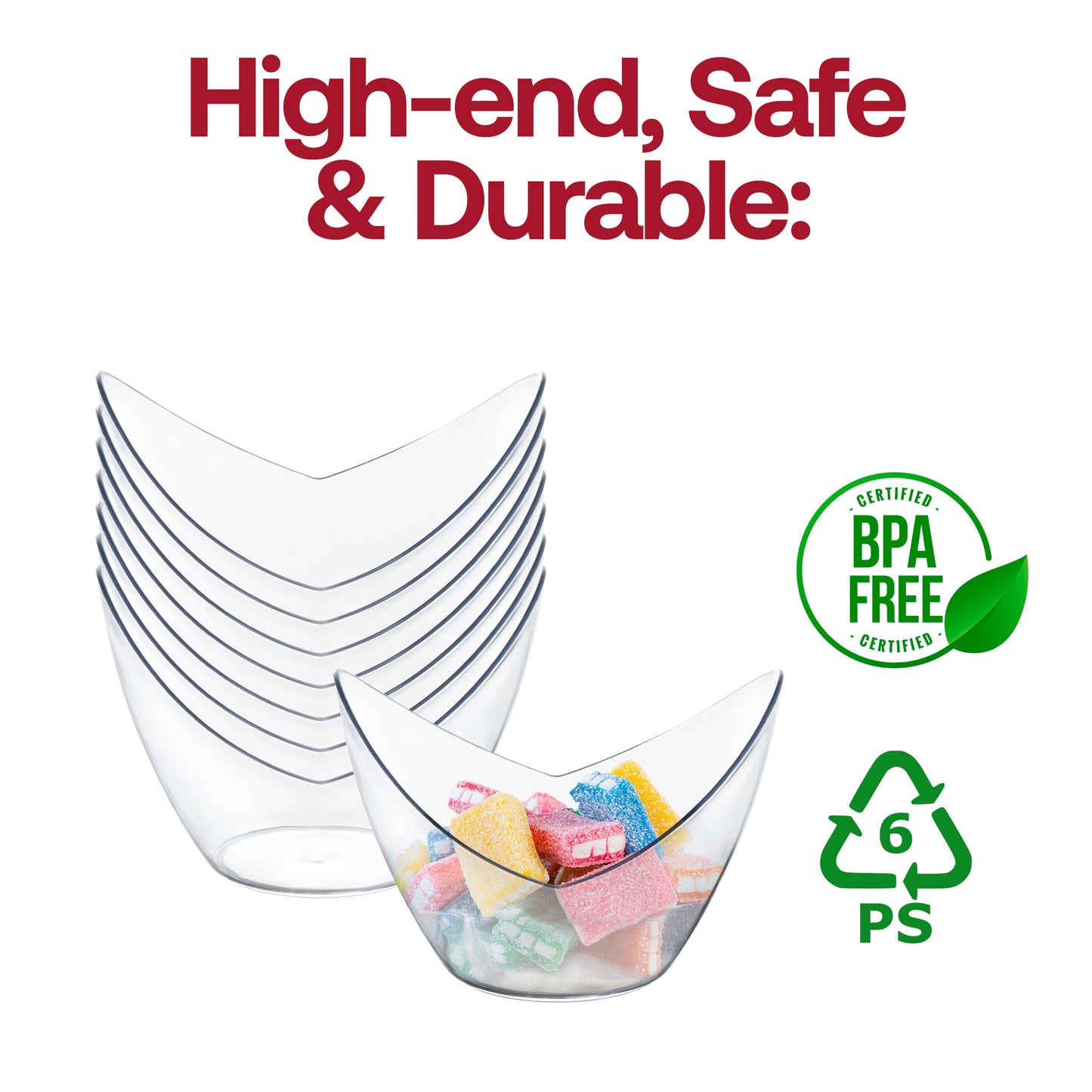 BPA-free clear small disposable plastic concave cups, 2 oz capacity, 3.25" x 3" size, ideal for individual servings, 288 cups per case.