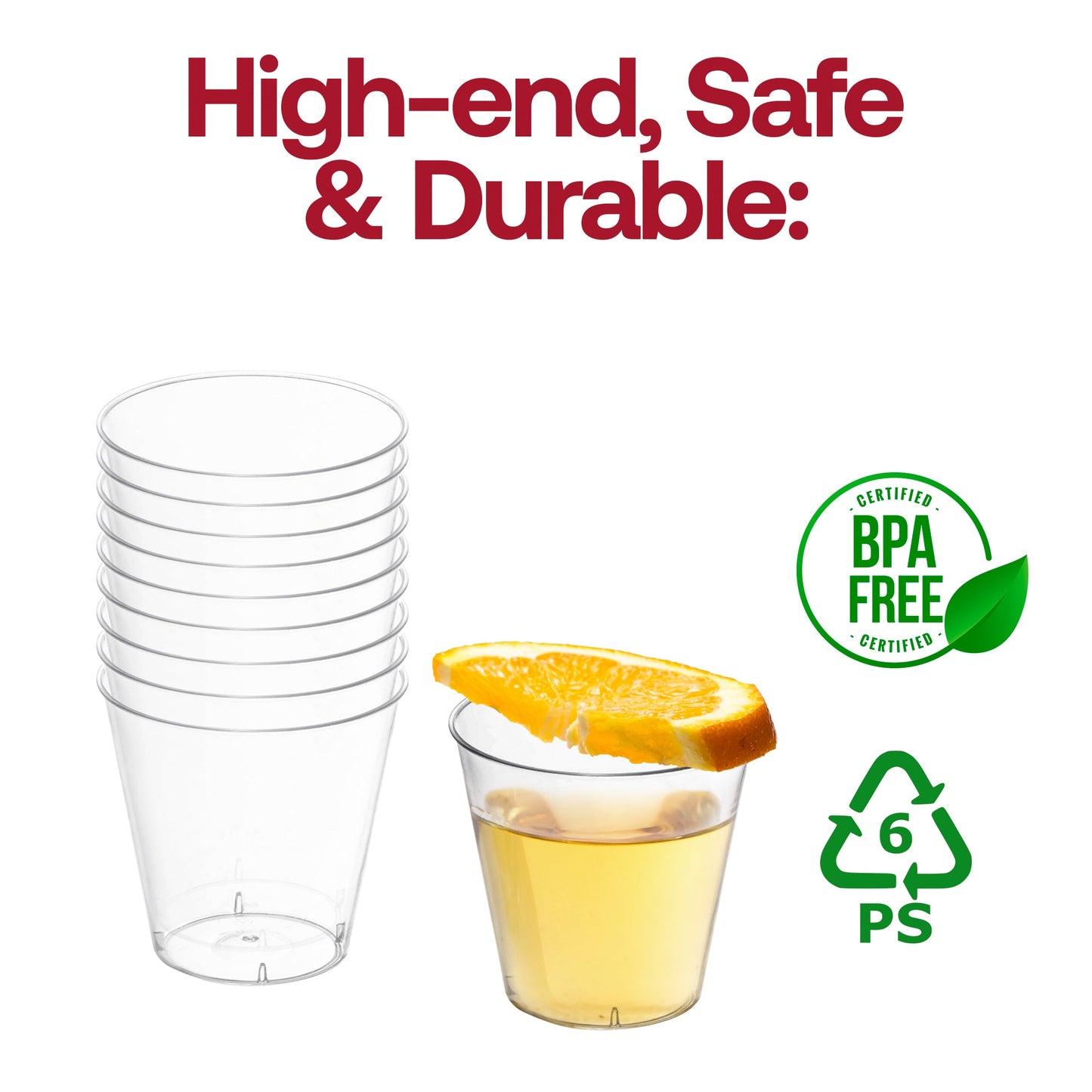 BPA-free crystal clear plastic cups, 9 oz, durable and safe for serving beverages at any event