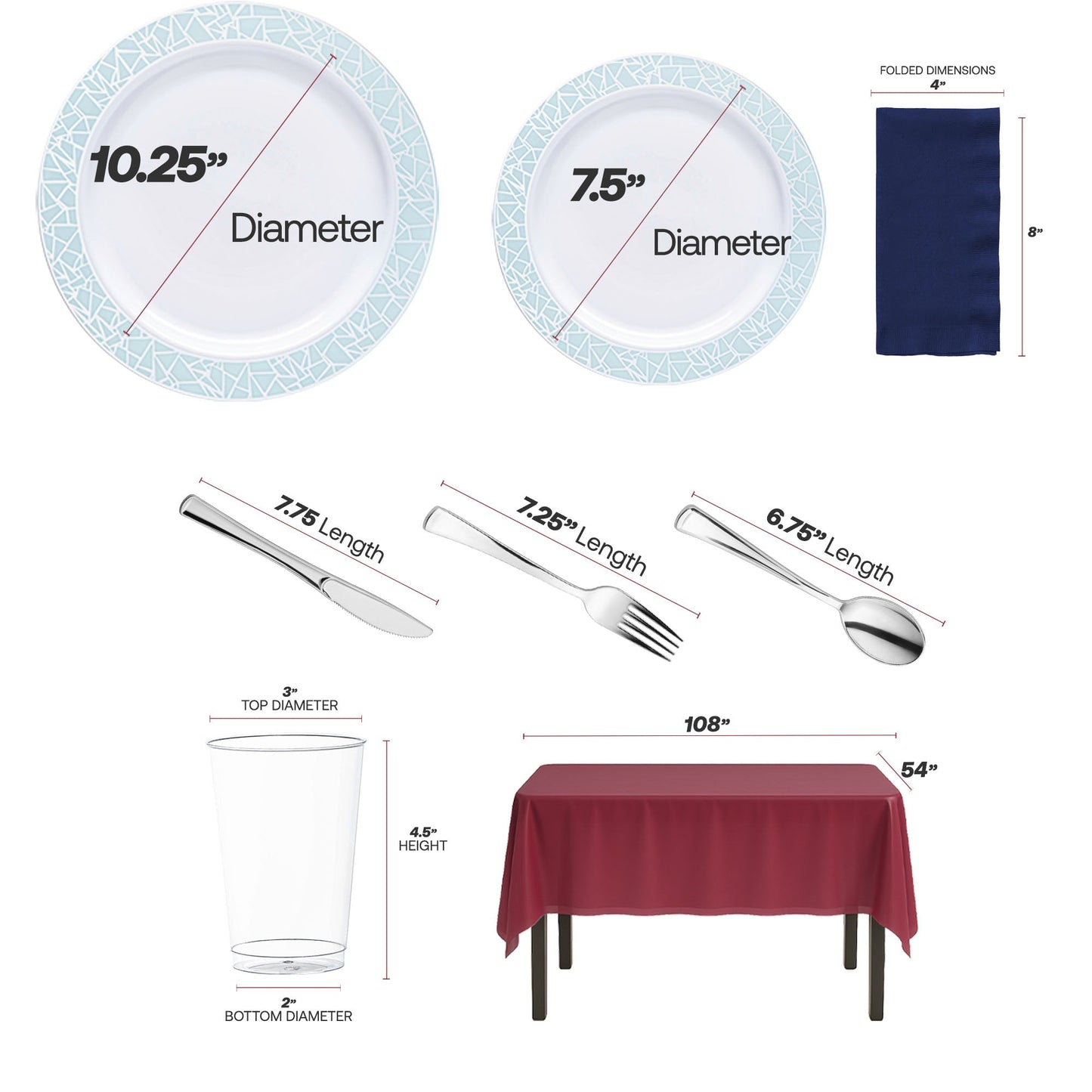BPA-free disposable dinnerware set with white and turquoise mosaic-rim plates, silver plastic cutlery, clear cups, and durable napkins.