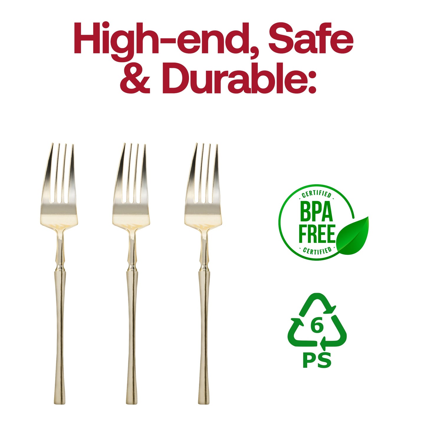BPA-free gold plastic dessert forks, 7 inches, durable and food-safe; disposable for convenience