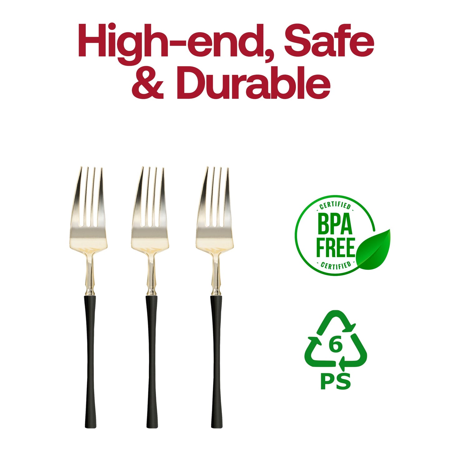 BPA-free gold plastic forks featuring elegant black handles, safe for upscale dining events.