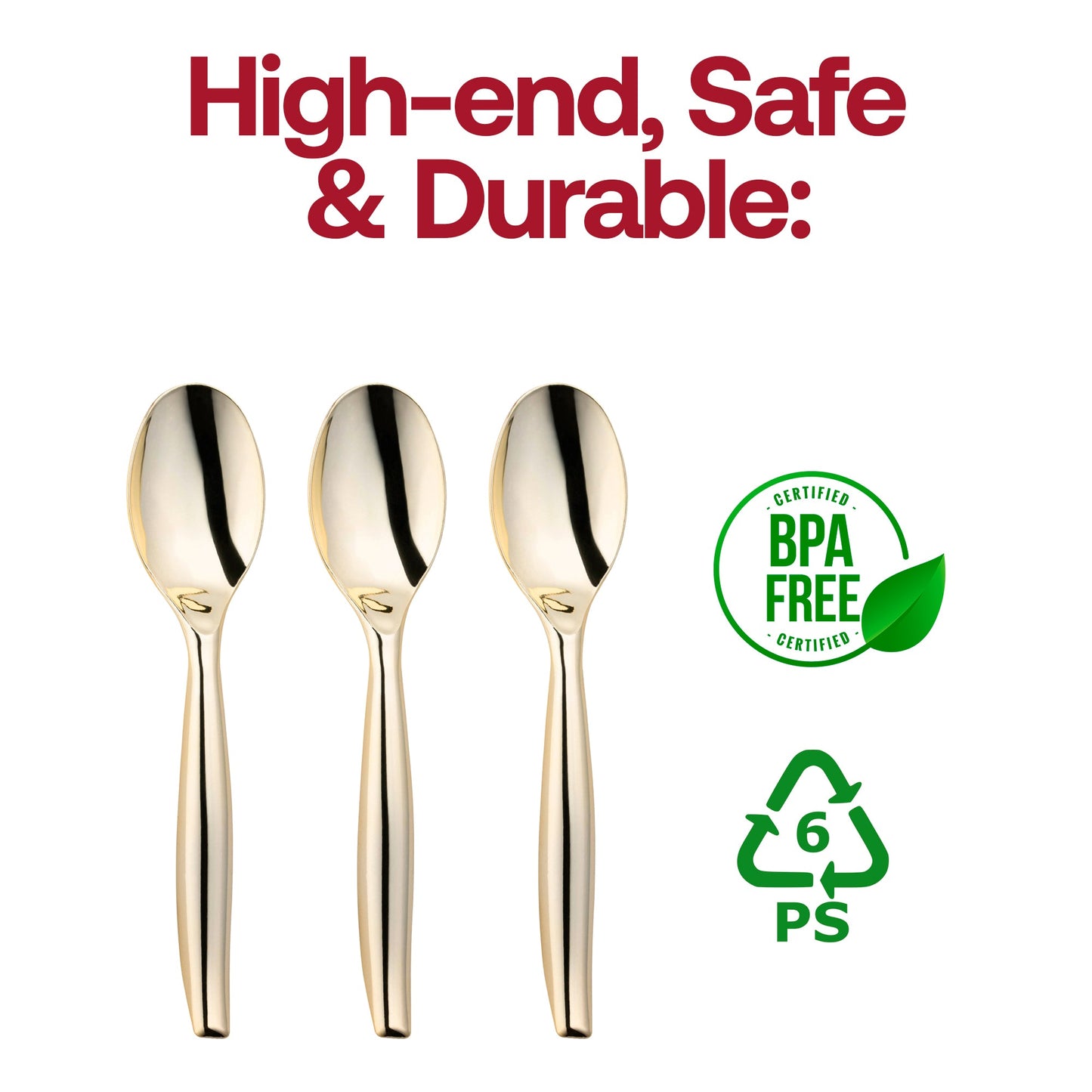BPA-free gold plastic serving spoons, 9.75 inches, safe for food use and perfect for upscale events, pack of 60.