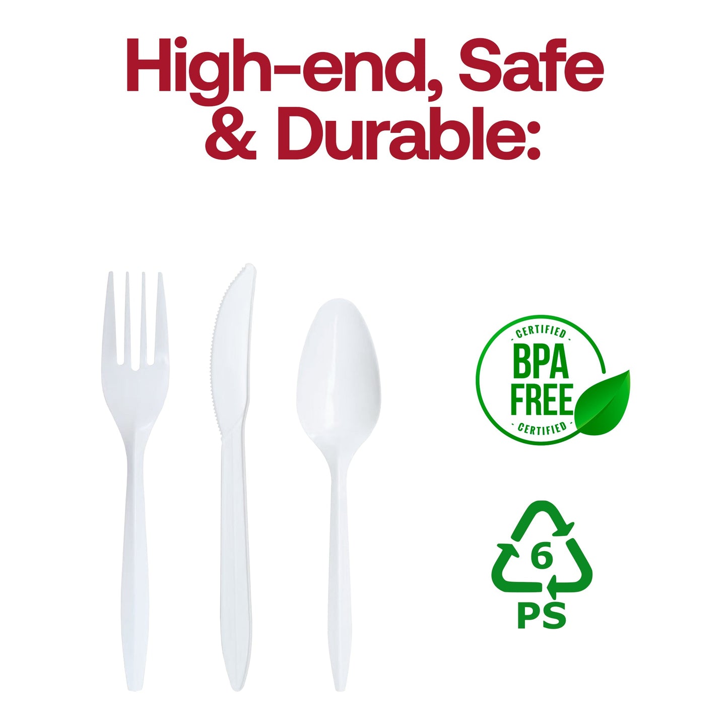 BPA-free kit with white disposable fork, teaspoon, and knife—ideal for safe food handling