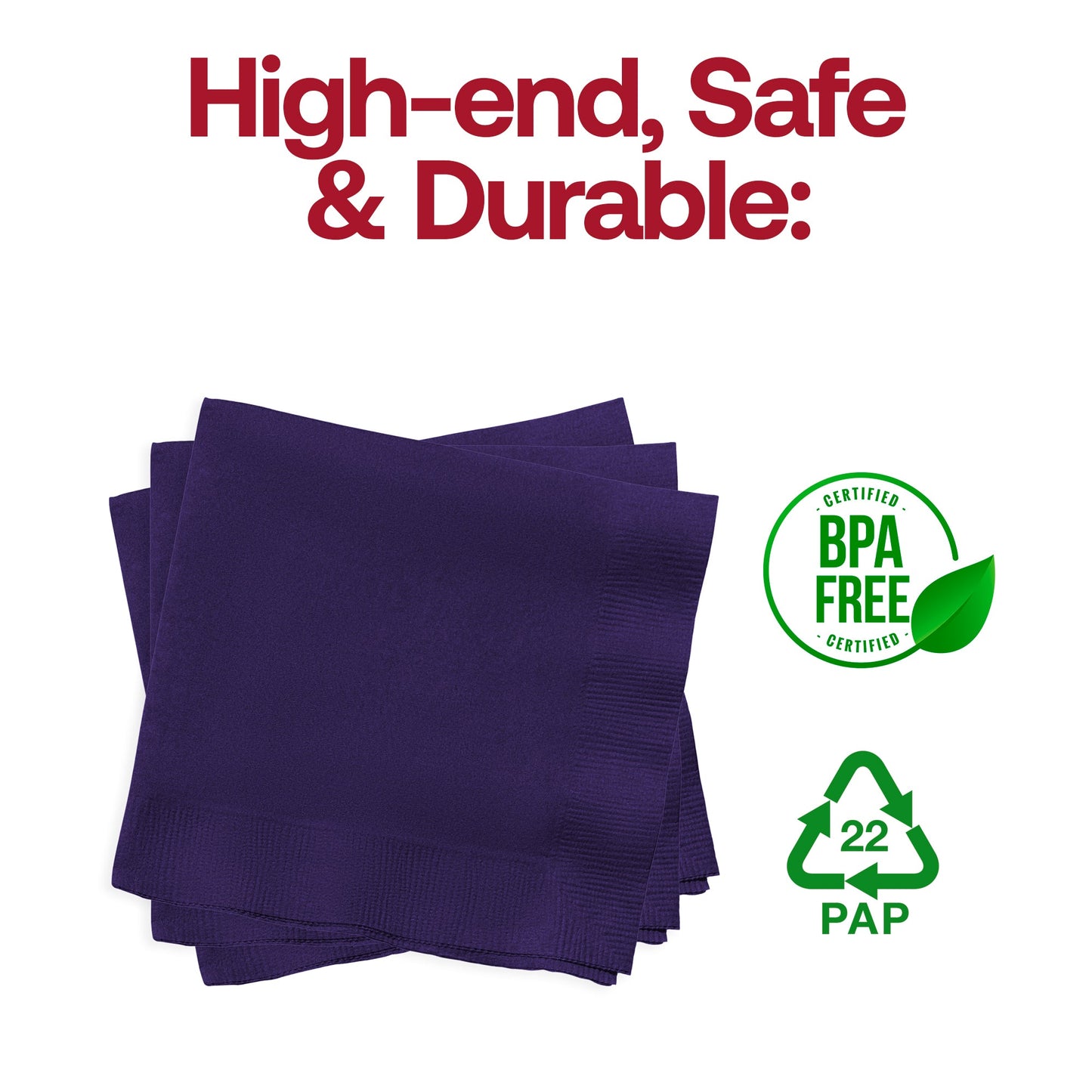 BPA-free purple cocktail napkin made from food-safe paper, 10 x 10 inches, available in a 600-count bulk case.